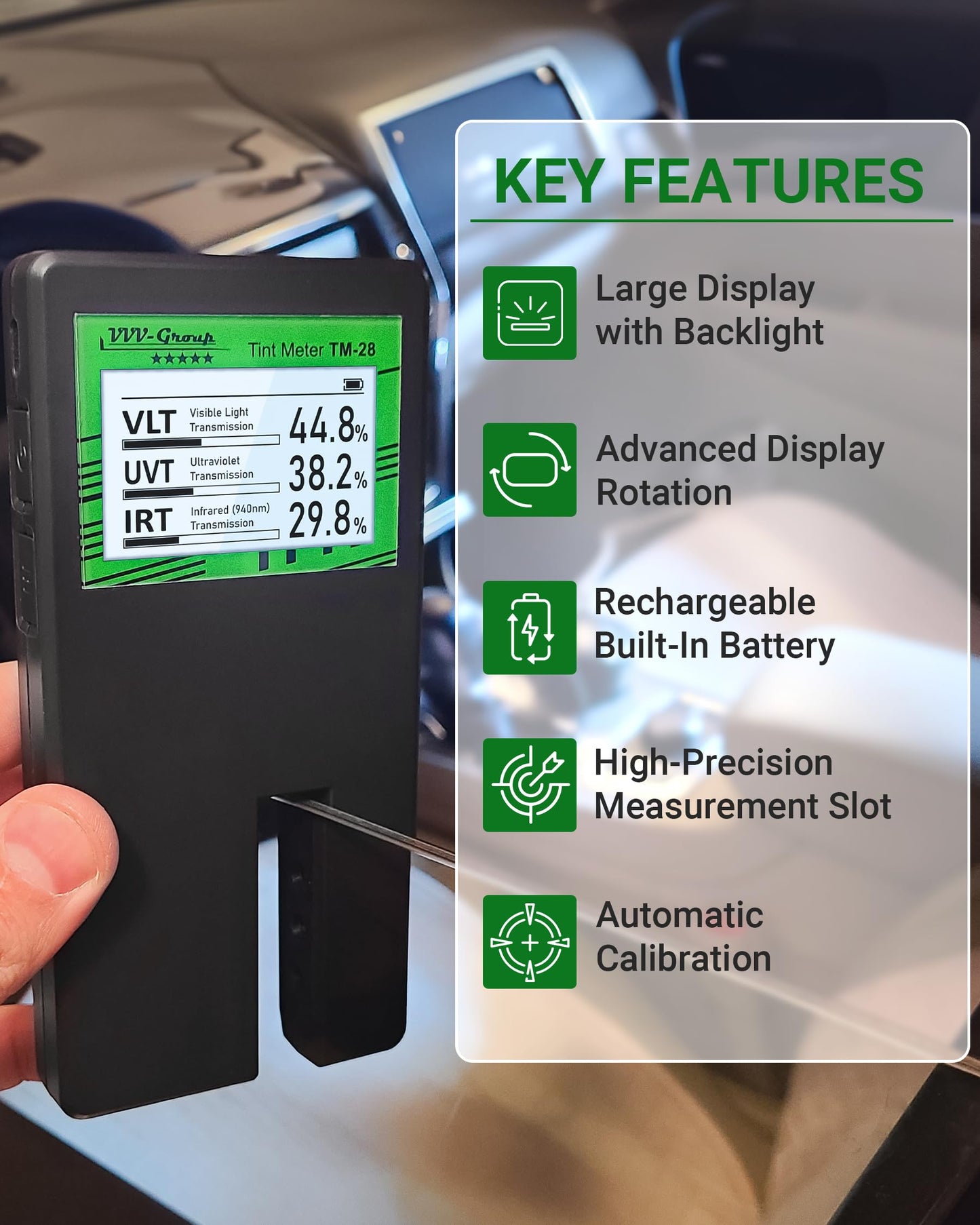 Digital Car Window Tint Meter TM-28 – Side Window Tint Tester for Light Transmission, UV/IR Rejection, Auto Calibration, Display Rotation