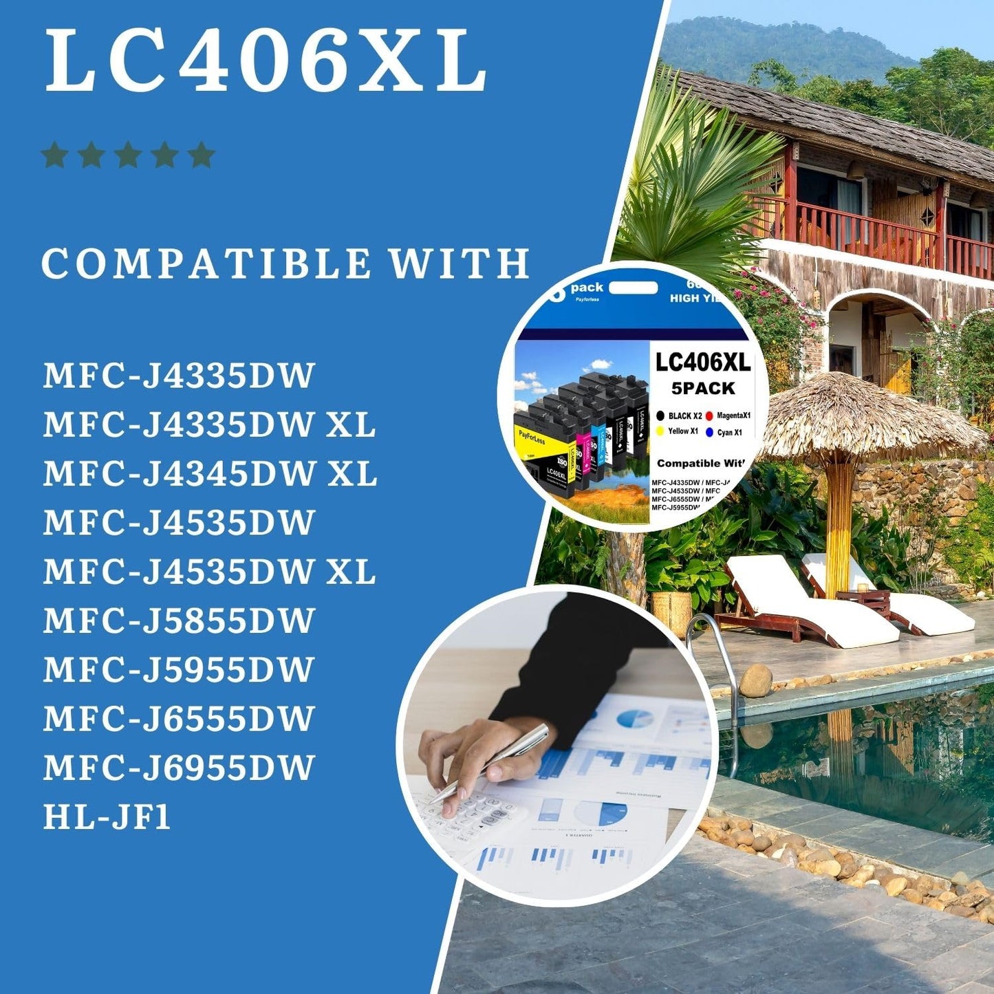 LC406XL Ink Cartridges Compatible for Brother LC406XL LC406 for Brother MFC-J4335DW MFC-J4535DW MFC-J5855DW MFC-J6555DW MFC-J6955DW Printer 5 Pack(2 Black Cyan Magenta Yellow)