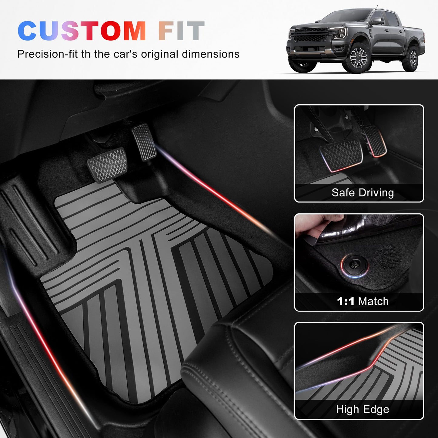 AOMSAZTO Floor Mats for Ford Ranger SuperCrew Cab 2024 2025 2026, 1st & 2nd Row All Weather Protection Car Liners Waterproof Anti Skid Mats (Gray)
