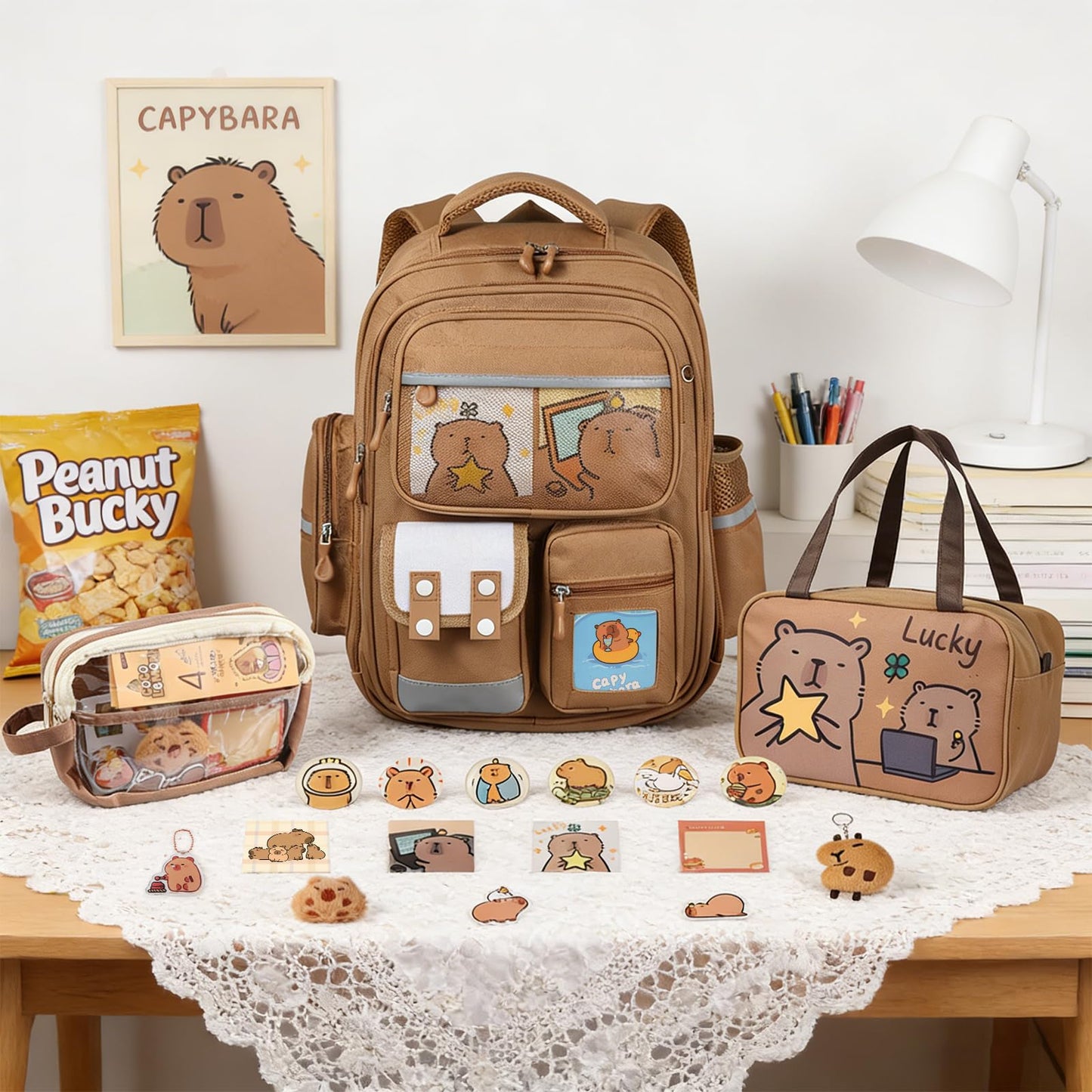 Capybara Backpack 24 Pcs Mochila Capibara Cute Kapibara Daypack Funny Going Out Cartoon Laptop Travel Casual Bag Gifts (Khaki)