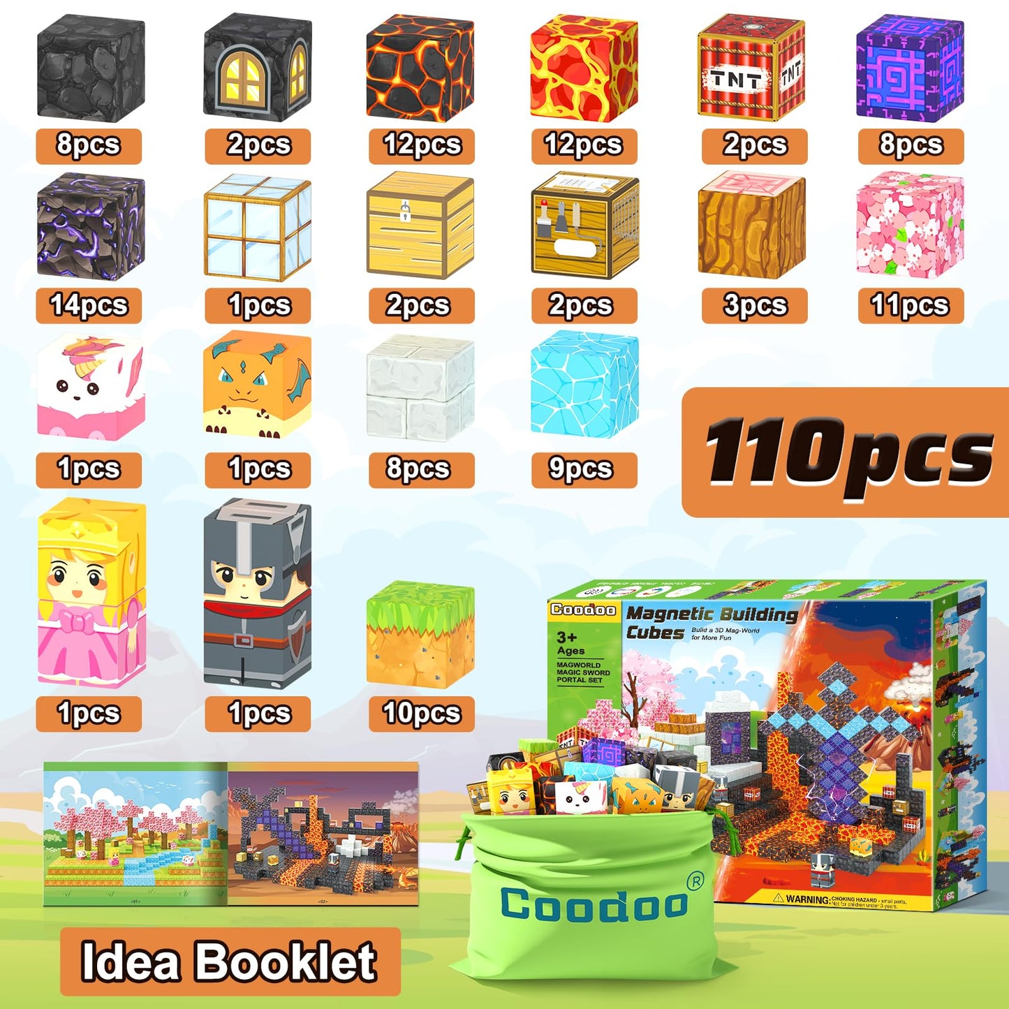 110PCS Magnetic Blocks - Build Mine Magnet World Magic Sword Portal Set, Magnet Kids Toys for Boys & Girls Age 3-5 4-8 5-7, STEM Magnetic Tiles Building Games Sensory Outdoor Toddler Toys