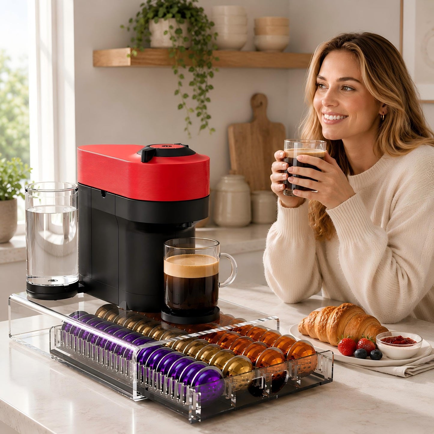 Coffee Pod Drawer Organizer for Nespresso Vertuo Pods,Acrylic Coffee Pod Holder Holds 40 Large or 60 Small Capsules or 28 K-Cups,Pull-Out Drawer with Anti-Slip Base for Home & Office,Matte Black