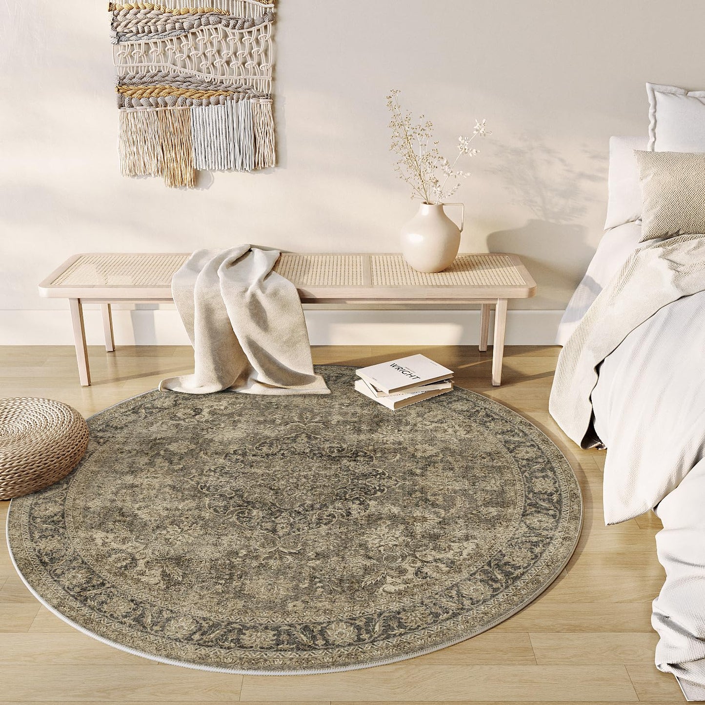 WondRg 6x6 Washable Brown Round Rug Vintage Living Room Bedroom Circle Rug Non-Slip Soft Low Pile Distressed Indoor Carpet for Kitchen Dining Room Office