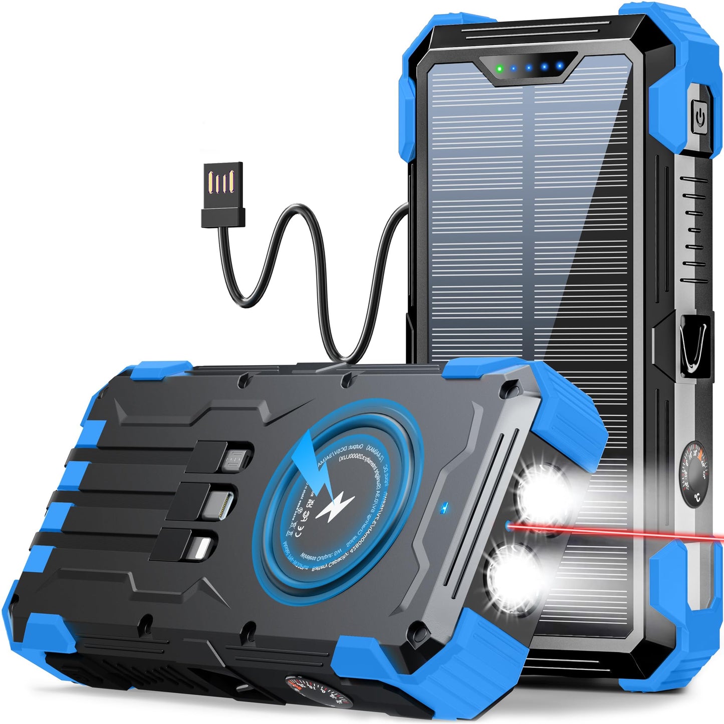Sudrov Solar Charger Power Bank, 42800mAh Wireless Portable Charger with USB-C in/Output, QC3.0 Fast Charging 15W 4 Ports Outdoor Battery Pack Built-in LED Flashlight, for iPhone, Galaxy, iPad etc