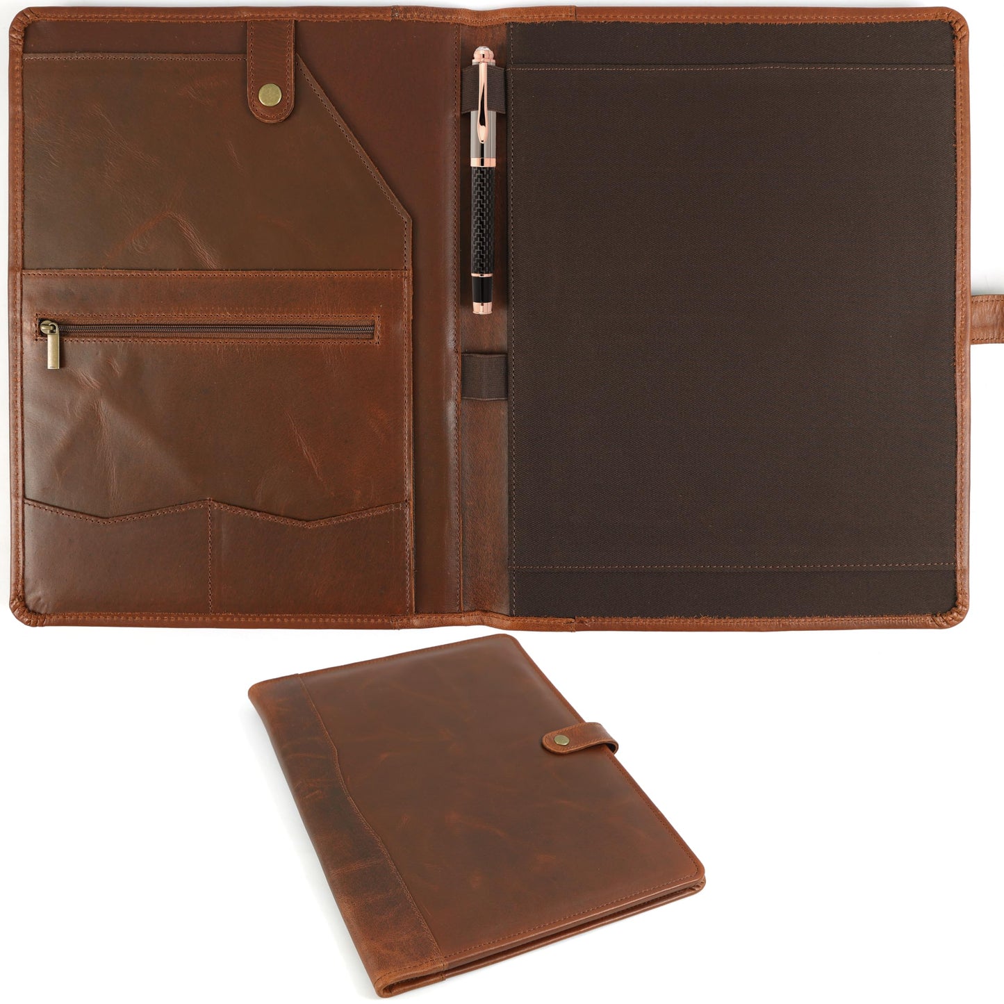 Leather Portfolio, Leather Binder with Pen, Resume Organizer & Padfolio for Men and Women | Business Portfolio with Card Holder & Document Organizer (Brown)