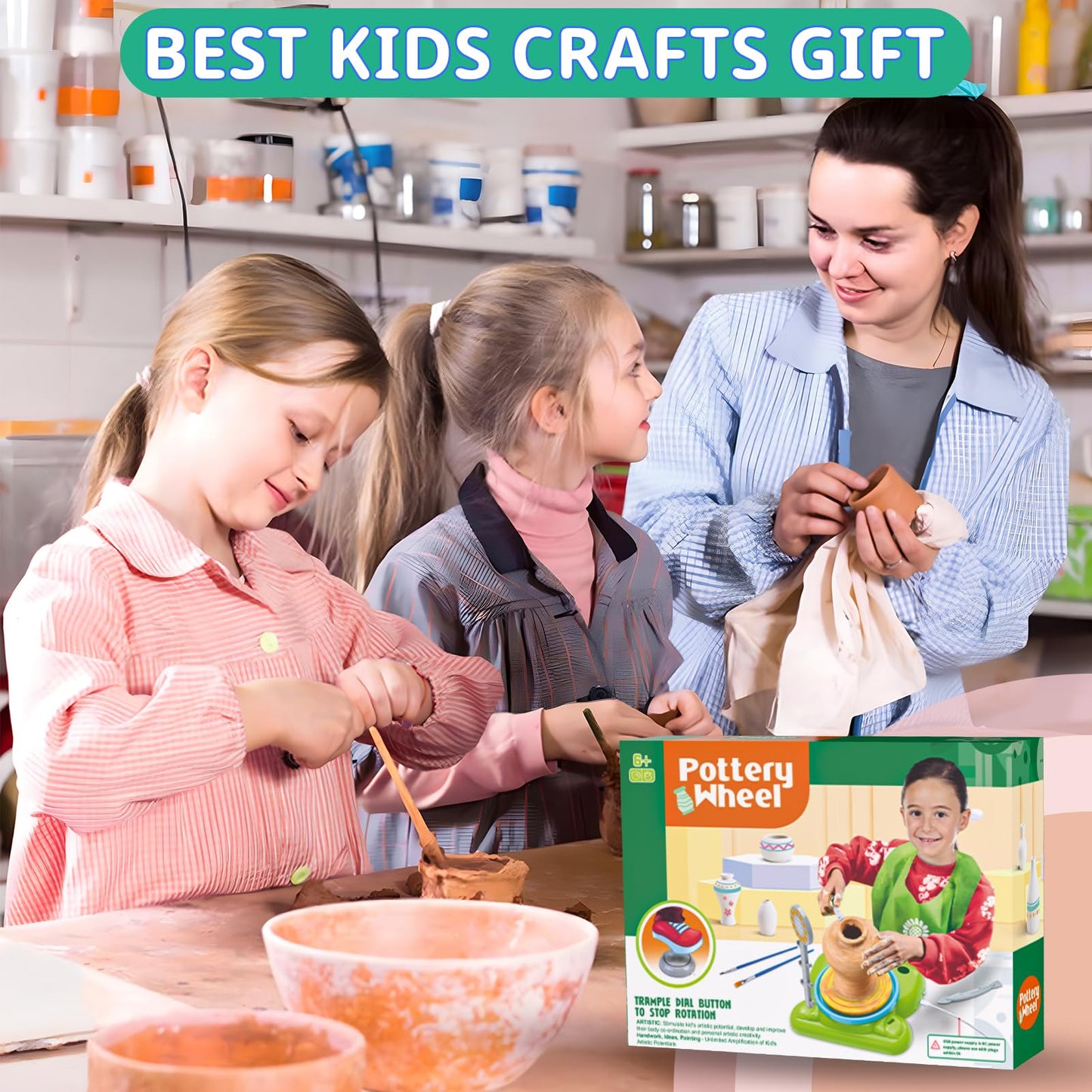 Pottery Wheel for Kids - Complete Pottery Painting Kit Arts and Crafts for Kids Ages 8-12 with 1.65lb Air Dry Clay Art Supplies for Kids Toys Girls Boy Birthday Gift for 6 7 8 9 10 11 12+