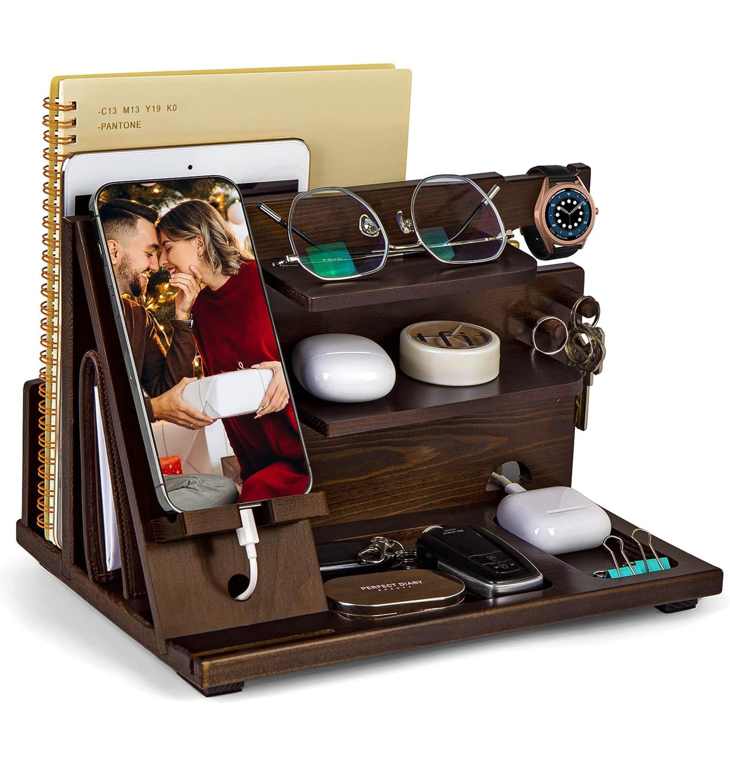 KOCWELL Wood Phone Docking Station, Gifts for Men, Nightstand Organizer Wood for Phone Tablet Earphones Watch Wallet Rings Pens Keys Notebook etc, Birthday Gifts for Men Husband Dad Boyfriend