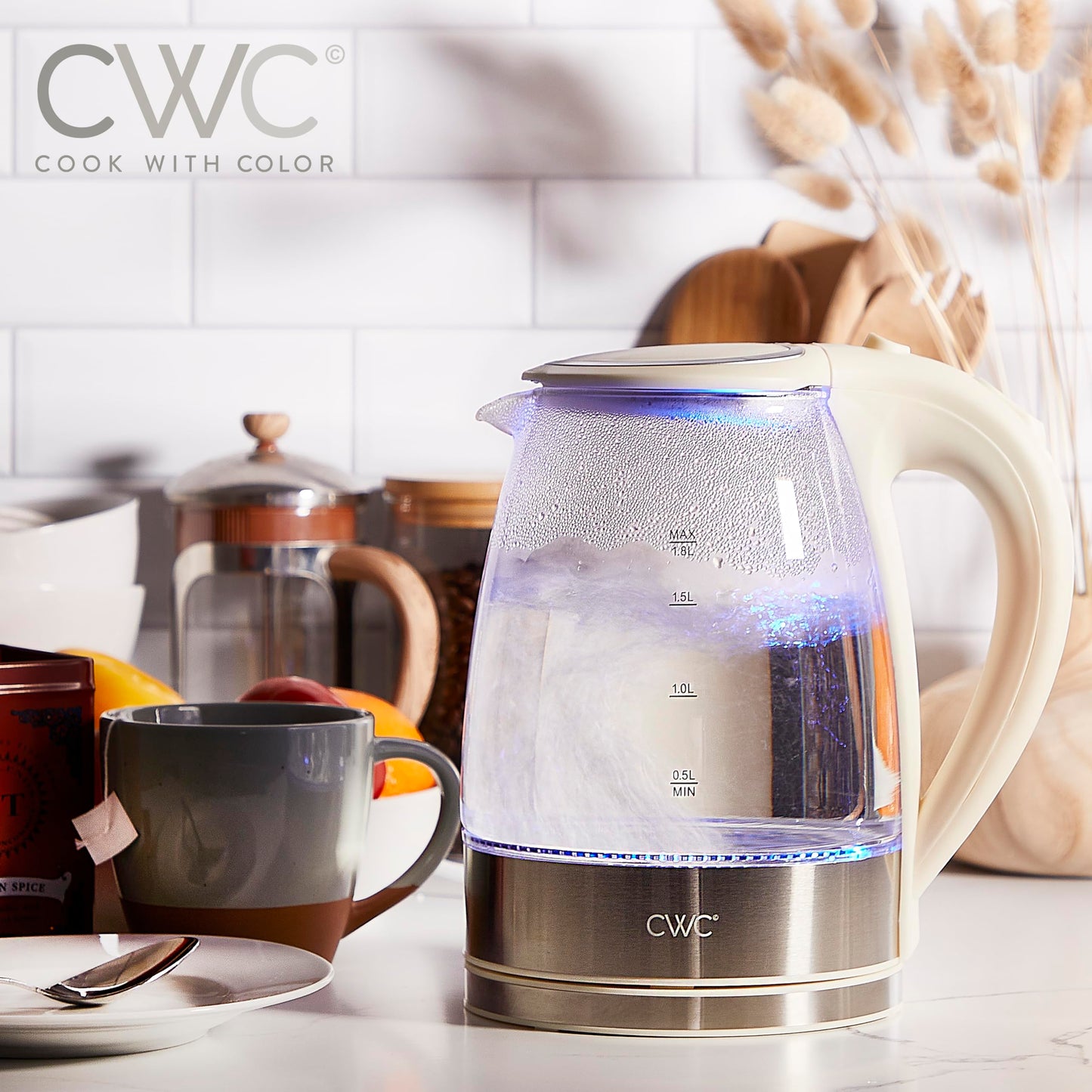COOK WITH COLOR Electric Tea Kettle, 1.8L Cordless Hot Water Boiler, 1200W Rapid Boil, Auto Shutoff & Boil Dry Protection, BPA-Free, Sleek Countertop Design, Cream