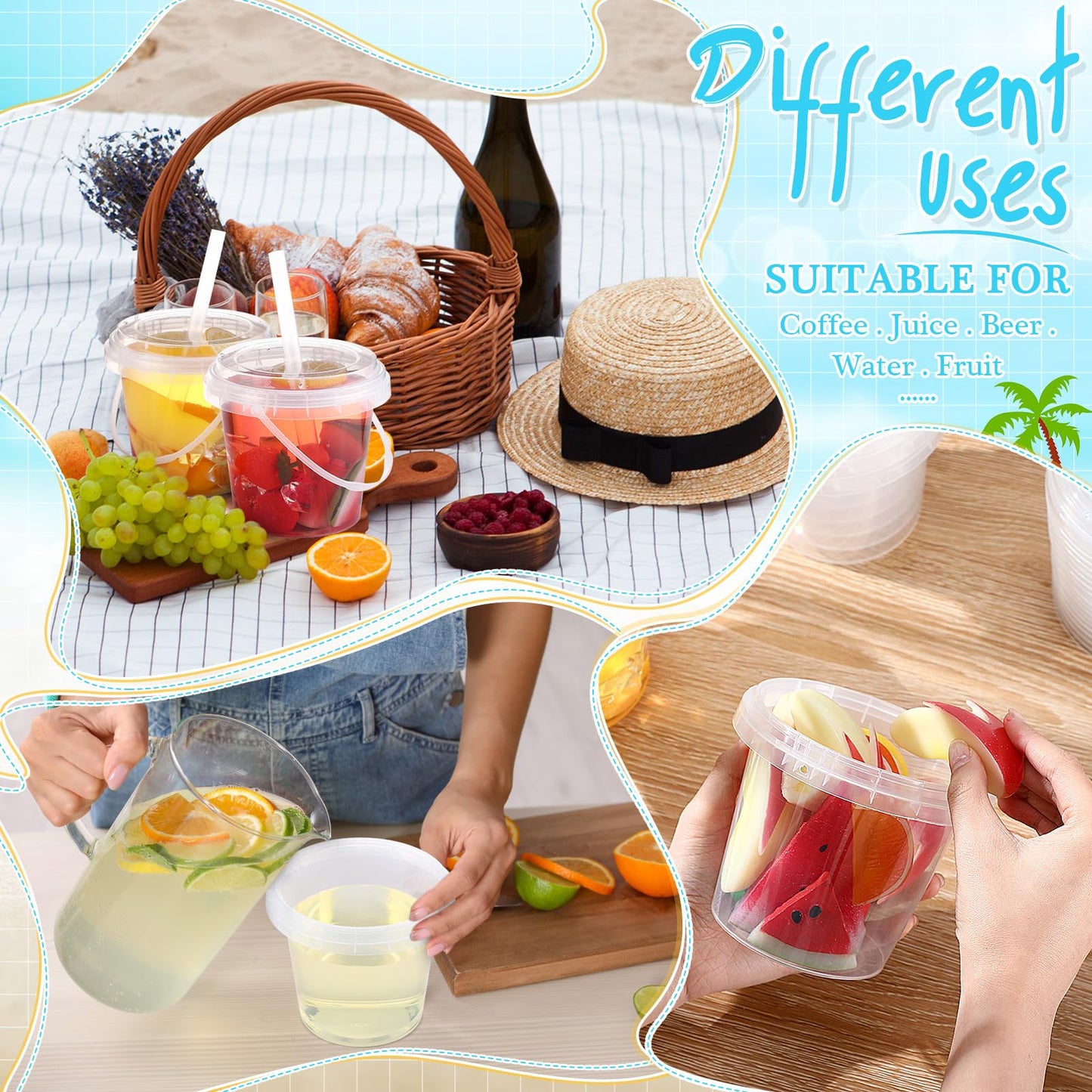 Funnymoom 50 Set 24oz Clear Plastic Drink Buckets with Lids and Straws Disposable Iced Coffee Cups Rum Buckets for Cocktail Parties Smoothie Cup Bulk with Handles for Beach Pool Party Supplies