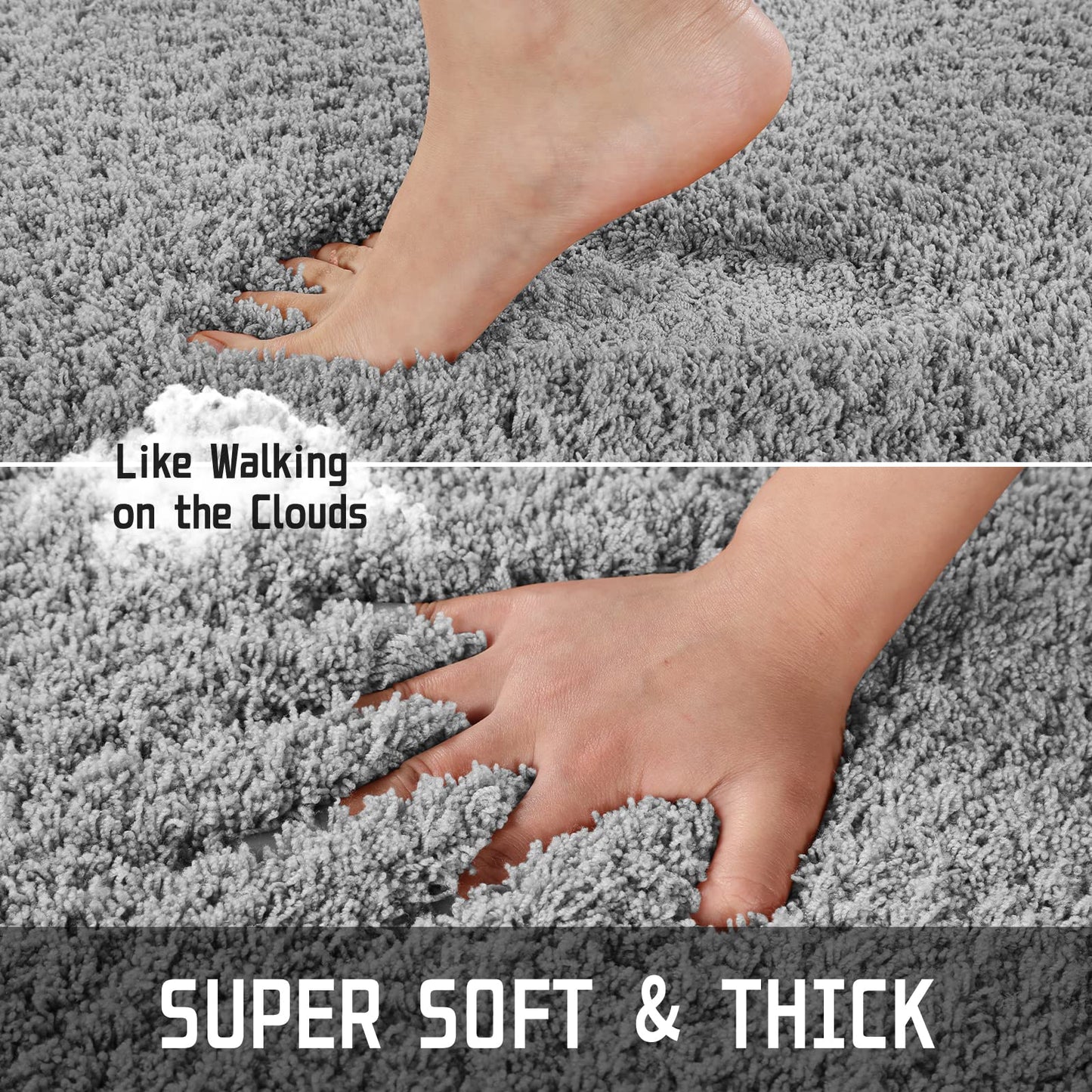 Yimobra Fluffy Plush Bath Rug, Super Shaggy Soft Comfortable Non Slip, Water Absorbent Microfiber Bath Mat, Dries Quickly, Machine Washable Thick Bathroom Rugs for Shower, 70"x 24", Pure Gray