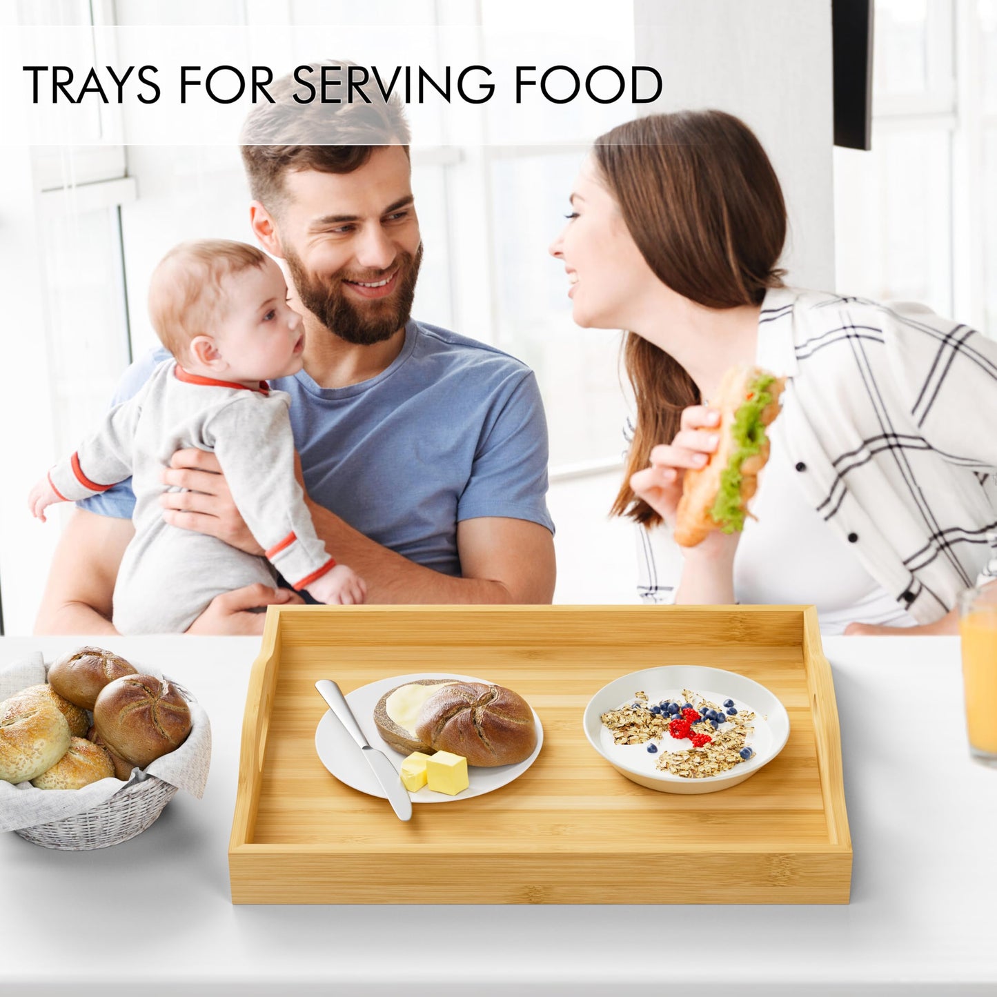 3 Pack Serving Tray with Handles, 3 Sizes Nestable Rectangular Tray Easy Carrying Serving Trays, Durable Bamboo Trays for Serving Food, Party, Kitchen, Organizing, Decorating