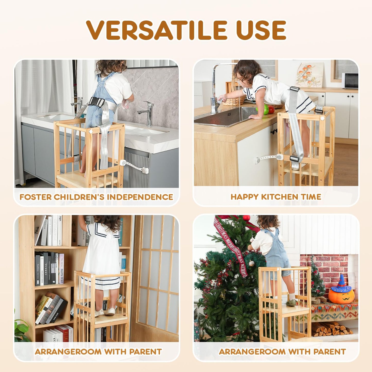 Toddler Step Stool, Kitchen Tower for Toddlers, Adjustable Height Children's Wooden Kitchen Stool, Kids Tower for Learning with Removable Safety Railing, Ages 18 Month to 3 Years(Wood)