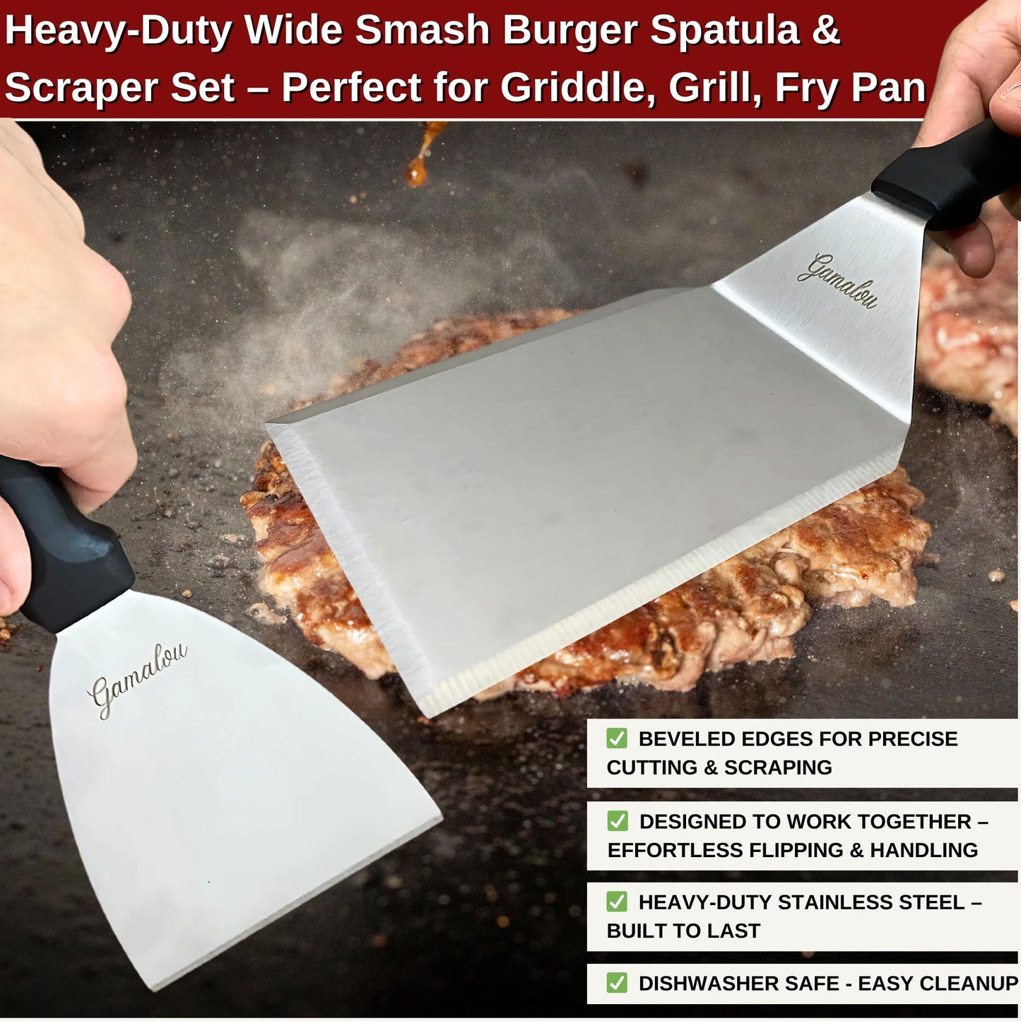 Gamalou® Smash Burger Press Kit: 7" Cast Iron Grill Press, 12" Melting Dome, 3-in-1 Patty Maker, 4.3" Spatula & 4" Scraper, Griddle Accessories for Blackstone, Grills, Flat Top, BBQ, Fry Pan