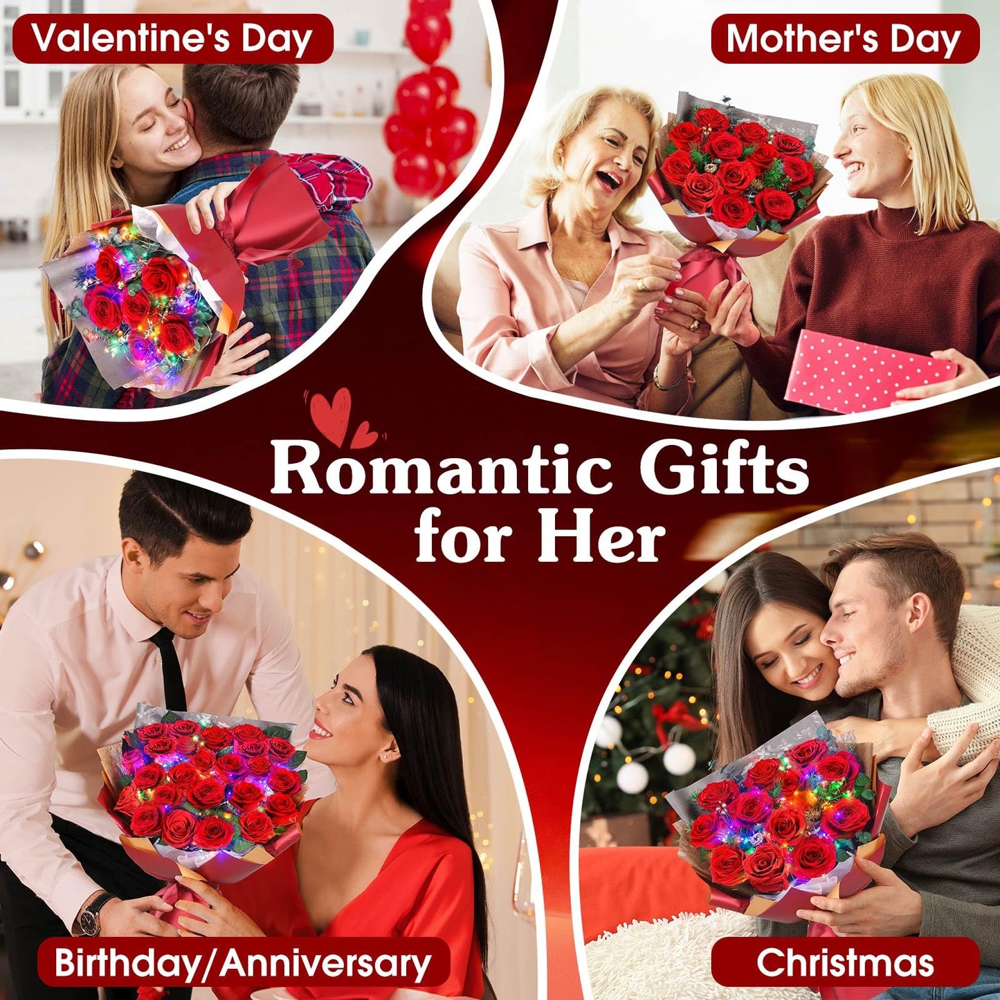 ADDWel Preserved Red Rose Bouquet – Real Long-Lasting Flowers Gift for Wife, Girlfriend, Mom – Romantic Anniversary, Birthday, Graduation Gifts for Her