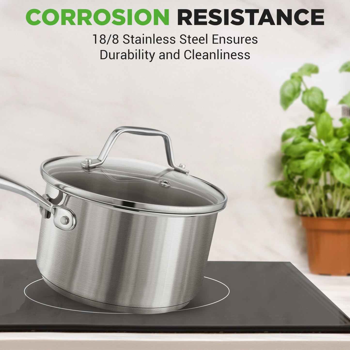 NutriChef 2 Quart Stainless Steel Saucepan with Lid - Heavy Duty Pot with Ergonomic Handles, For All Cooktops