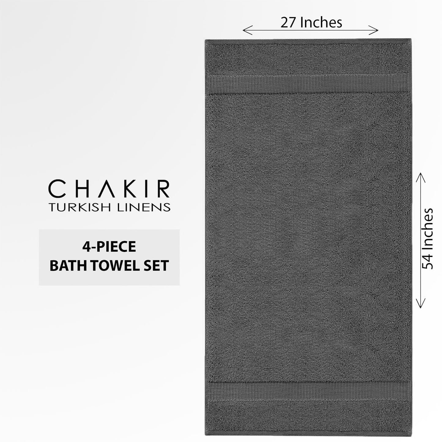 Chakir Turkish Linens 4 Piece Large Bath Towels, 100% Cotton Turkish Towels for Bathroom, Luxury Soft Absorbent Bath Towel Set, 27 x 54 Inches, Dark Gray