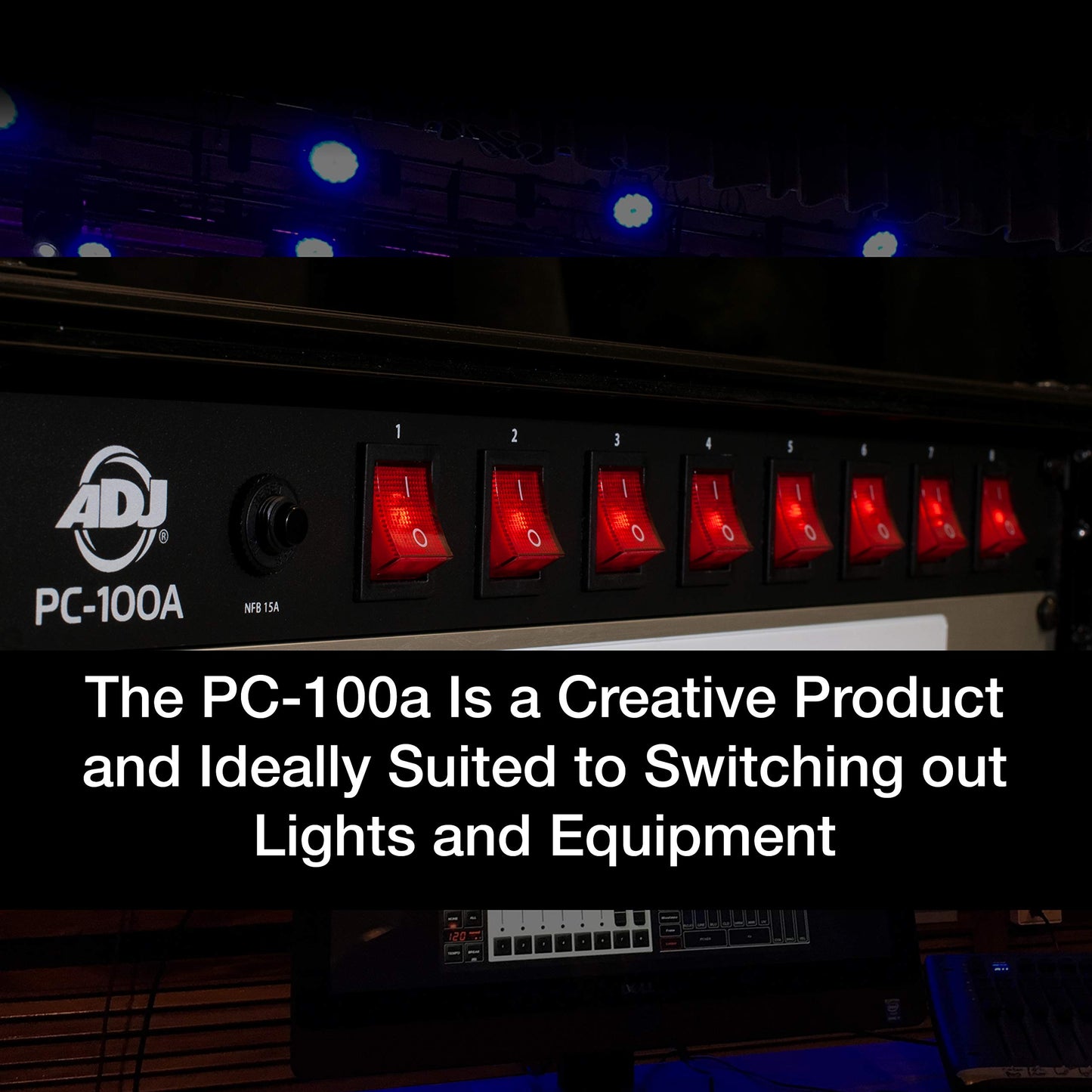 ADJ PC100A power strip single rack space unit with 8 on off lighted toggle switches and 15 amp breaker