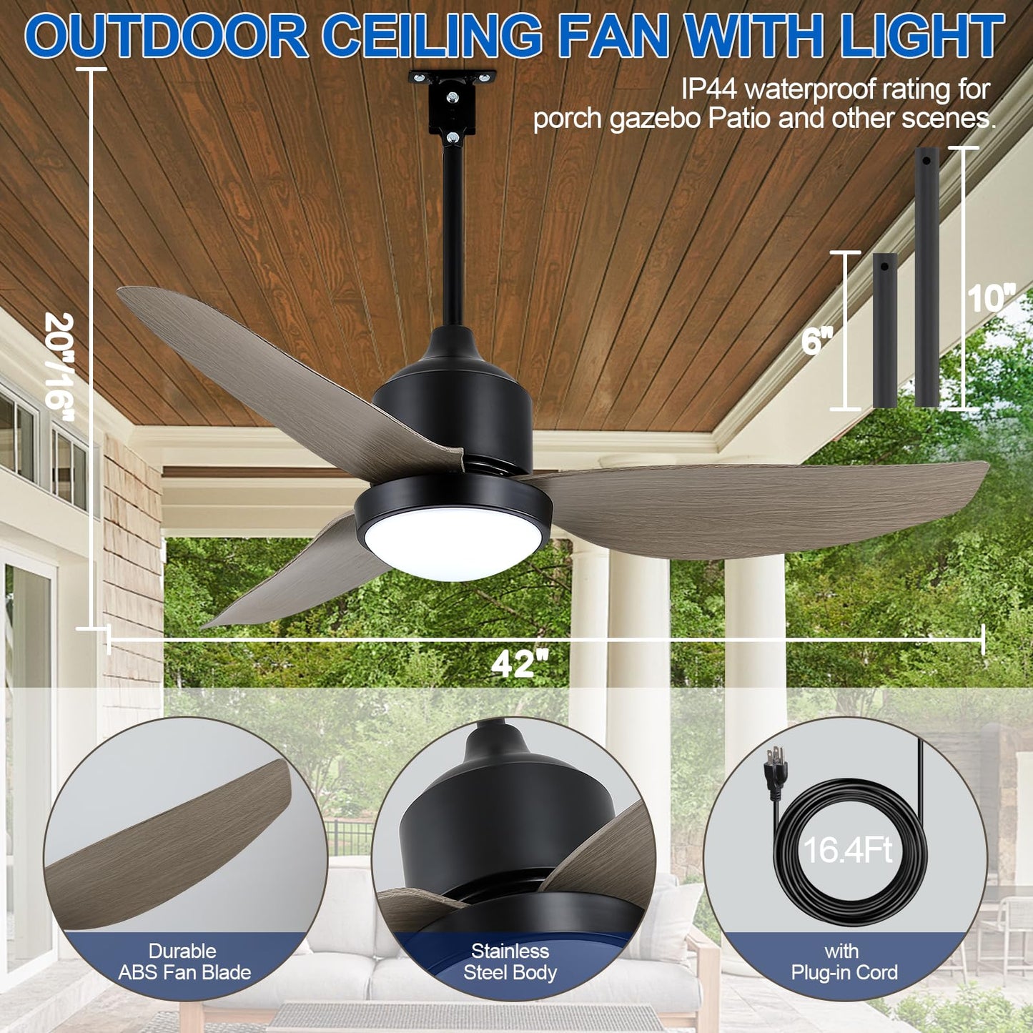 nebulium 42" Outdoor Ceiling-Fan with Light: Waterproof Plug-in Ceiling Fan, App/Remote Control, Dimmable 3CCT LED Lights, 6 Speed Quiet DC Motor, for Porch Patios