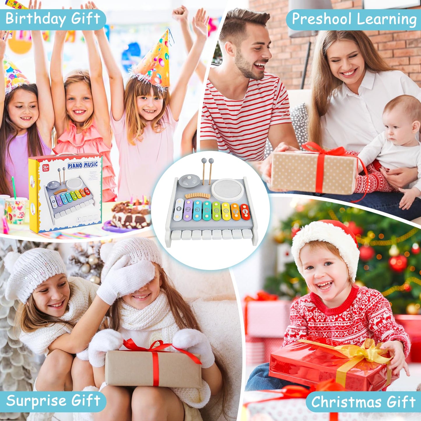 Kids Musical Instruments Piano Drum Set - 5 in 1 Montessori Toys for Toddler Baby, Wooden Music Kit with Piano Keyboard Xylophone, Preschool Educational Sensory Toys, Gifts for Boys Girls