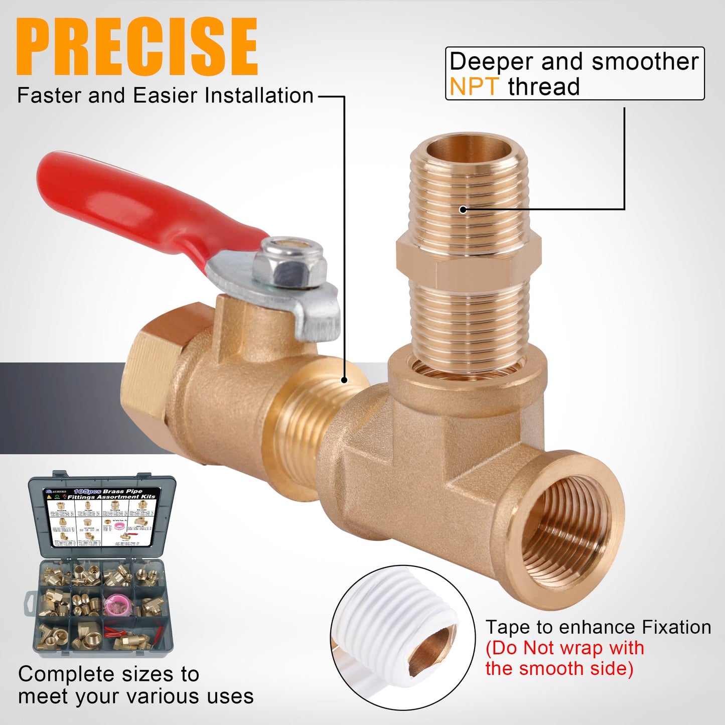 Ailbiuko 105PCS Brass Pipe Fittings Assortment Kit NPT Adapter,Reducer Bushing, Hex Nipple, Reducing Hex Coupling,90 Degree Street Elbow,Street Tee,Ball Valve,Hex Head Plugs,Socket Plug Fittings Kits