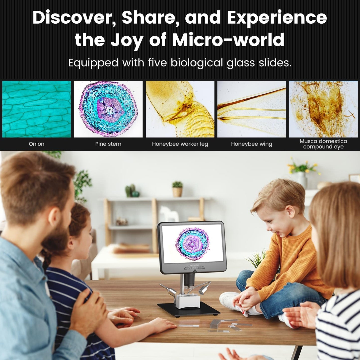 Andonstar AD210 10.1 Inch LCD Digital Microscope for Adults, Soldering Microscope for Electronics Repair, Coin Microscope Camera Full View for Error Coins with Light, Biological Slides Kit, 32G Card