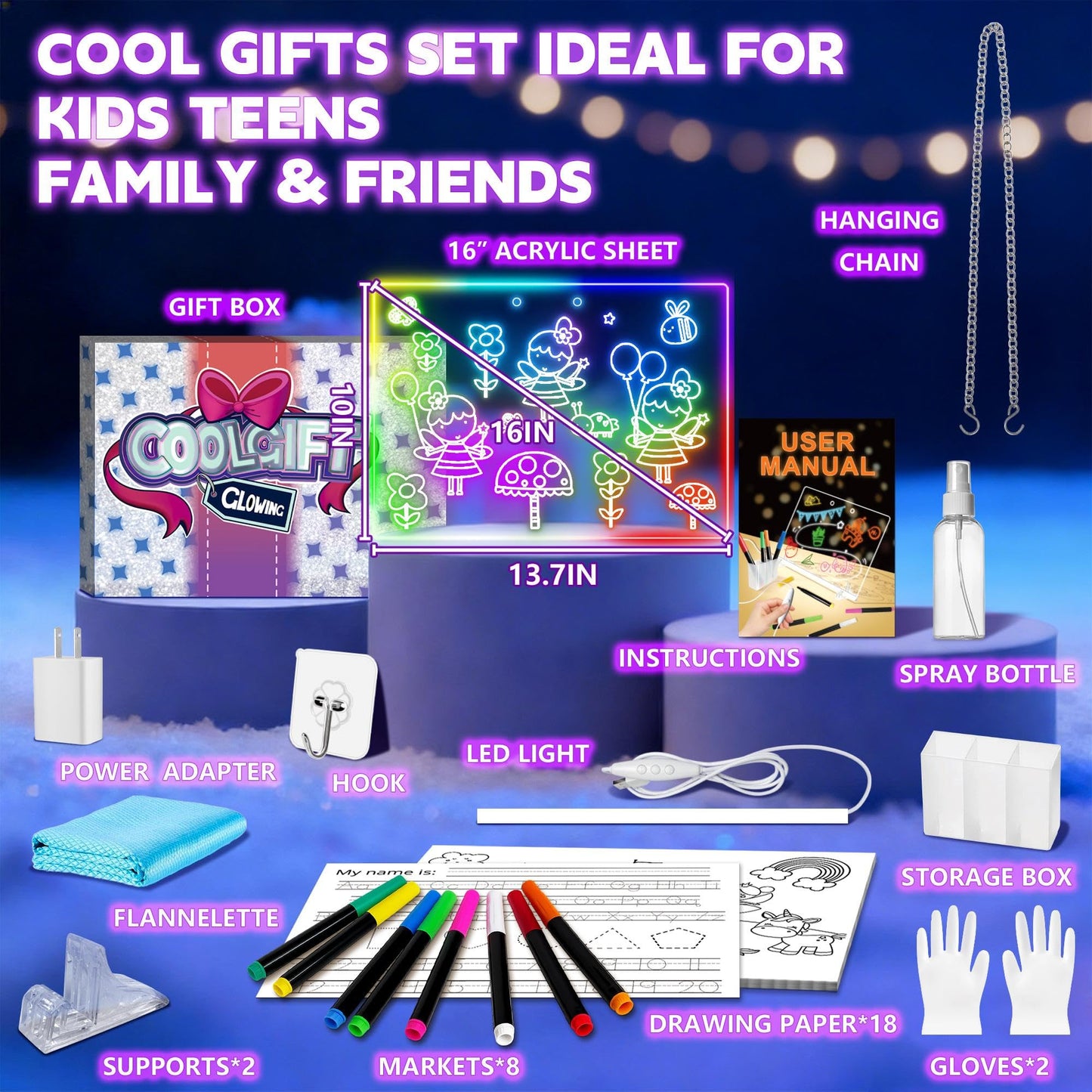 16" Led Drawing Board for Kids with 18 Tracing Stencils - Light up Led Note Board, 2026 Birthday Gifts for Boys Girls Ages 5 6 7 8 9 10 12+ Year Old, Magic Glow Art Toys for 6 7 8 9 10 Year Old, 39PCS