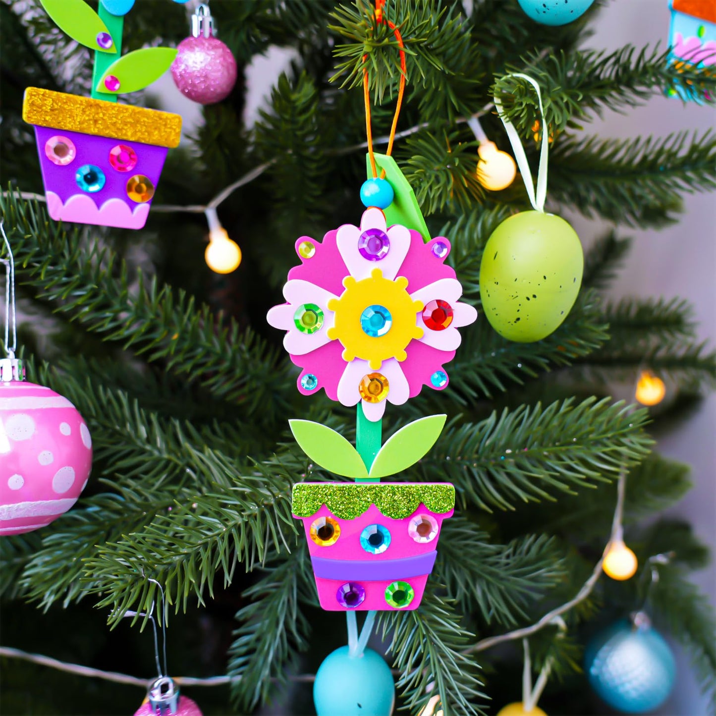 Winlyn 24 Sets Spring Potted Flower Craft Kits Kids Crafts DIY Potted Flower Ornaments Decorations Art Set Spring Flower Tulip Sunflower Stickers for Home Classroom Activities Party Favors