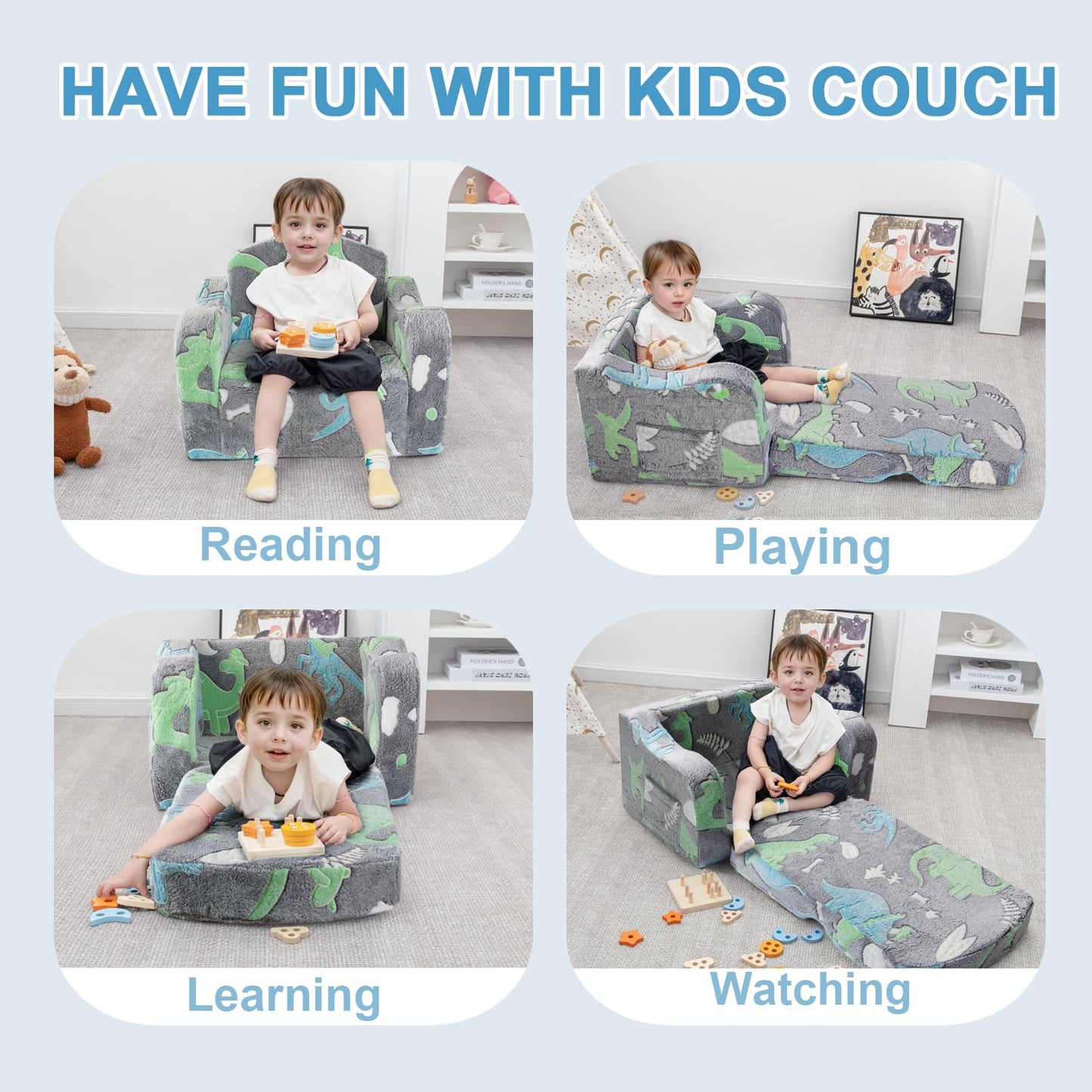 Airpanda Comfy Kids Chair and Couch with Blanket,2-in-1 Soft Fold Out Couch for Girls and Boys,Convertible Sofa Chair for Playroom,Gray Dinosaur