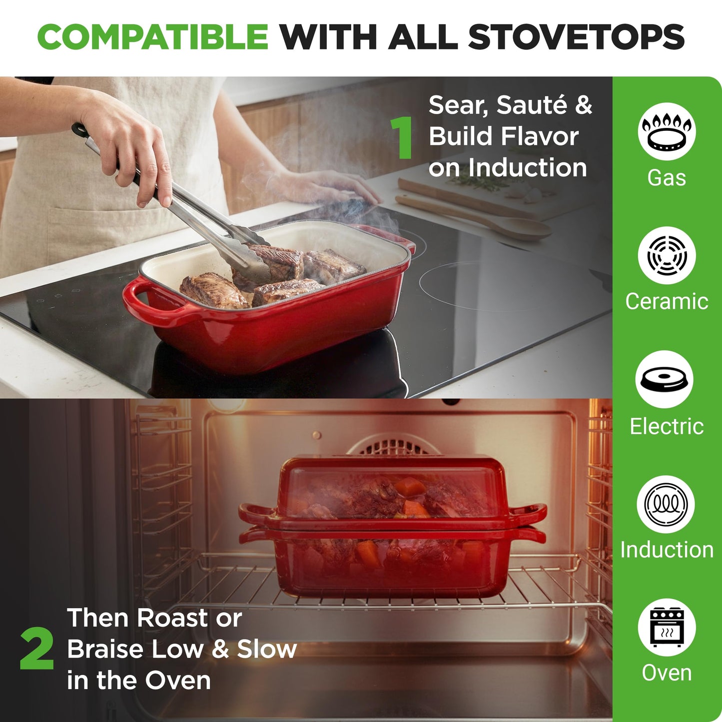 NutriChef 9x5" Enameled Cast Iron Loaf Pan with Lid, Enamel-Coated Baking Loaf Pan for Sourdough, Oven Safe, Nonstick Bread Pan with Silicon Gloves, Dishwasher Safe, Red