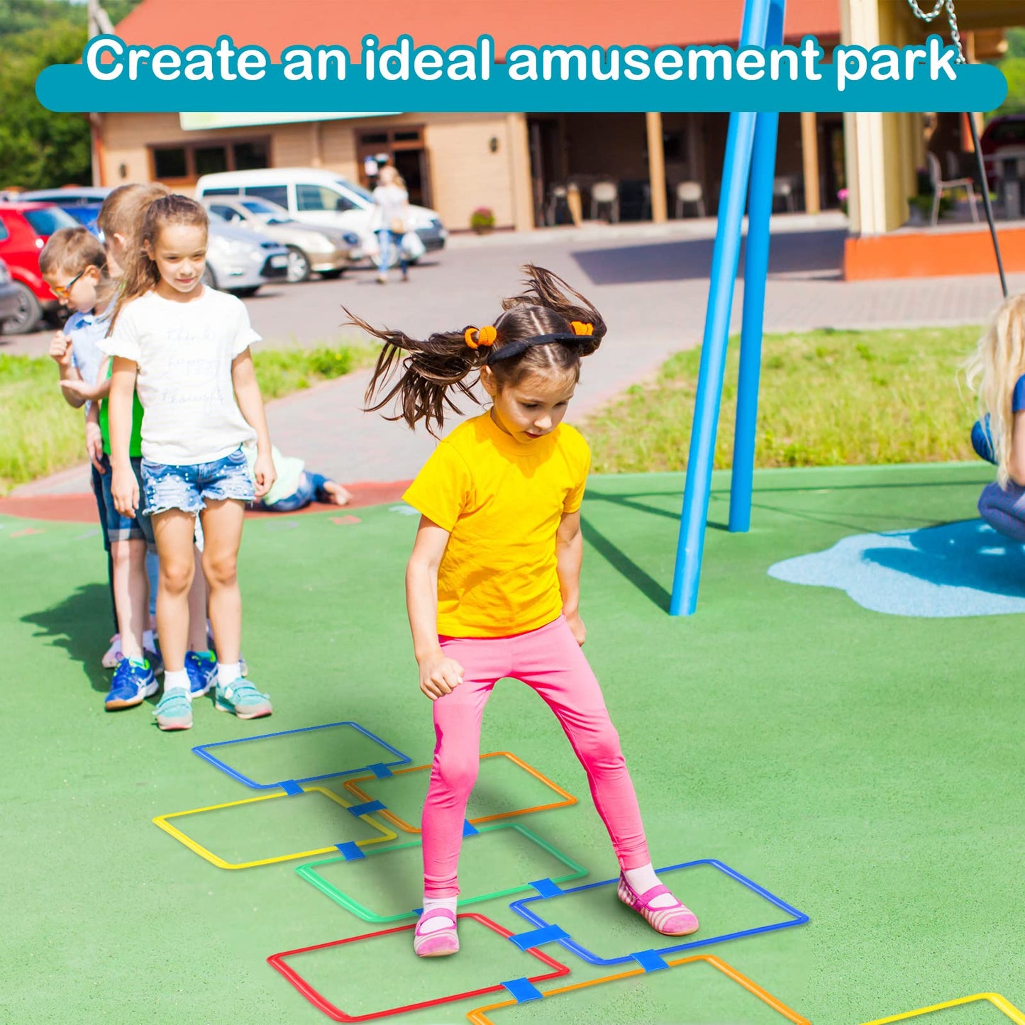 Hopscotch Squares Set Hopscotch Ring Game with Hoops Squares Connectors Outdoor Indoor Obstacle Course for Kids Playground Balance Agility Training Equipment Fun Play (Hoop, Square, 11 Inch, 15 Inch)