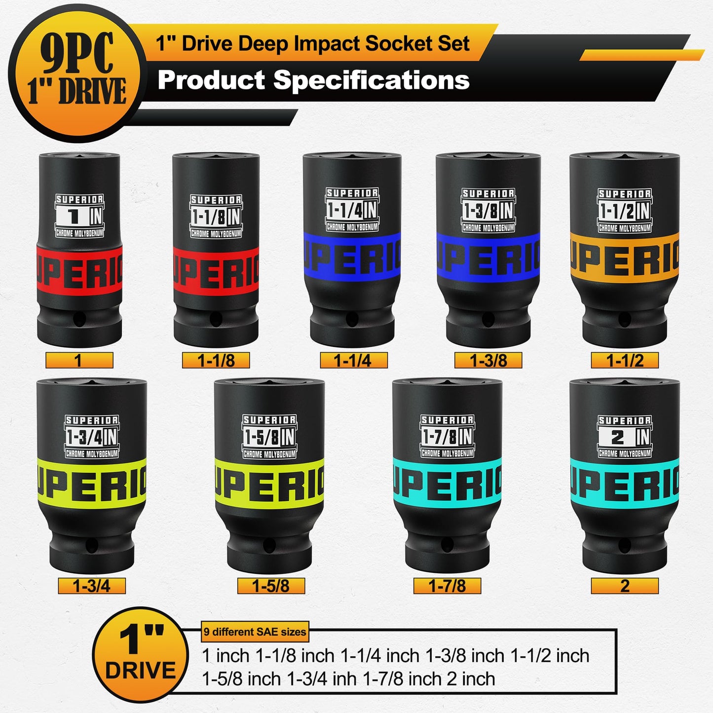 Aiourx 9 Piece 1" Drive Deep Impact Socket Set, 1 Inch - 2 Inch, SAE, 6-Point Design, Heavy Duty CR-MO, Truck Tire Service, Mechanical Equipment Maintance