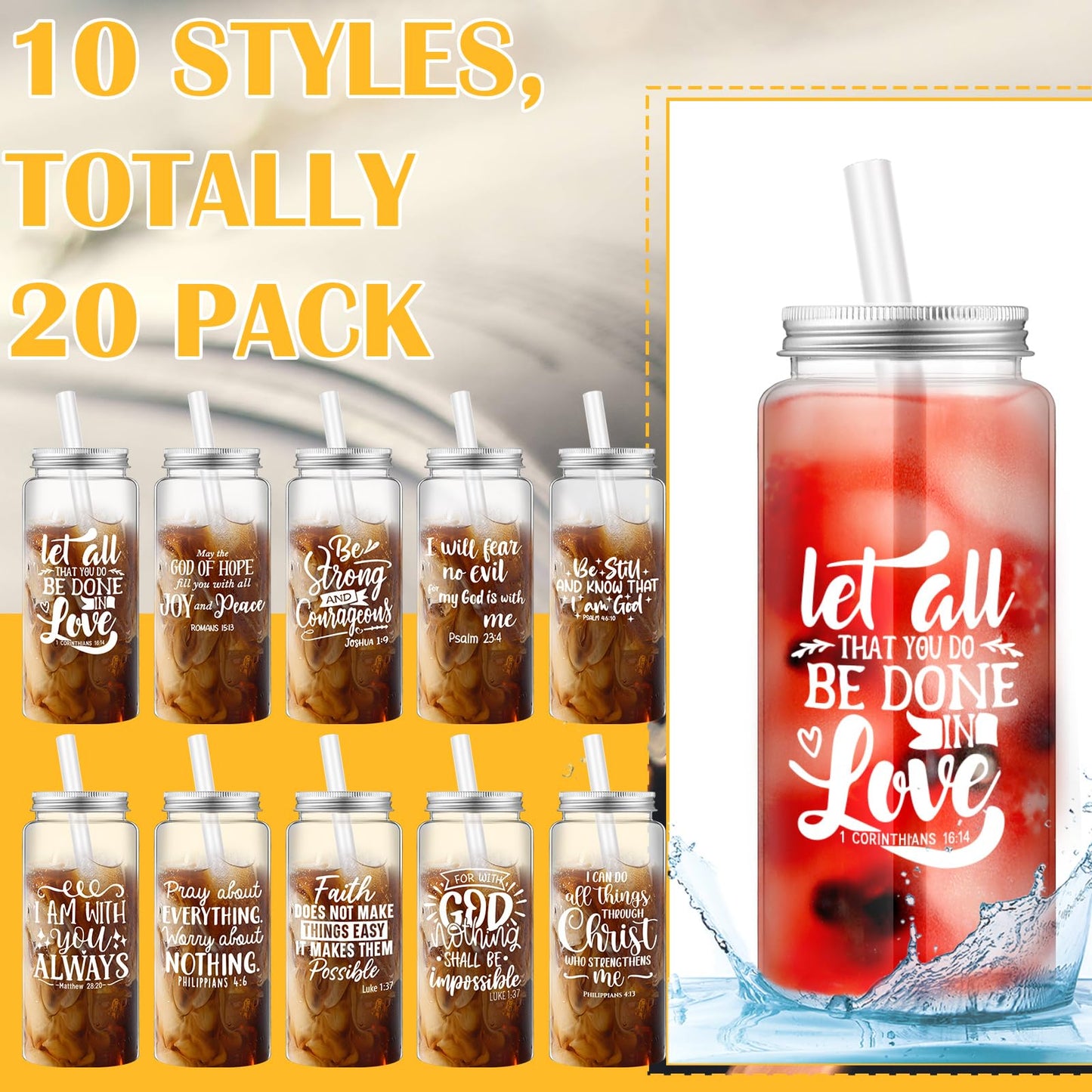 Skylety 20 Set Inspirational Christian Gift Bible Verse Tumbler Bulk 20 Pcs 13.5 oz Christmas in July Plastic Cups with Lid Religious Skinny Tumblers 20 Pcs Keychain Gifts for Back to School Church