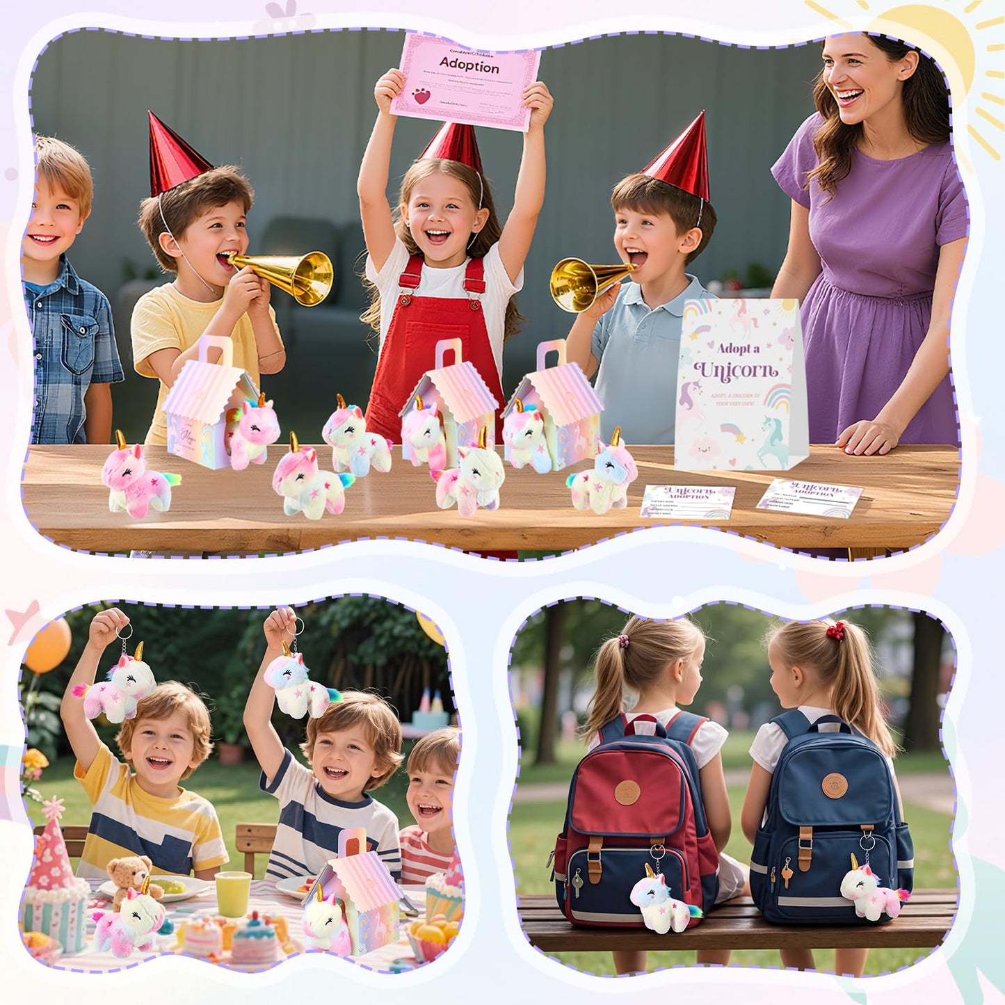 Blueweenly 73 Pcs Adopt a Unicorn Party Favors Set for Girl Mini Plush Unicorn Stuffed Animal Gift Box Adoption Card 1 Animal Sign with Carton House for Adopt Pet Party Birthday (Gradient Closed Eye)