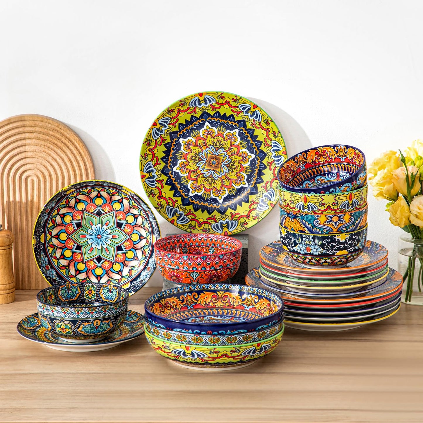 vancasso Pasta Bowls Set of 4, Ceramic Salad Serving Bowls, 42Oz Large Pasta Bowls, 8.7 in Colorful Bowl Plates for Soup, Bohemian Shallow Bowls for Kitchen, Microwave & Dishwasher Safe