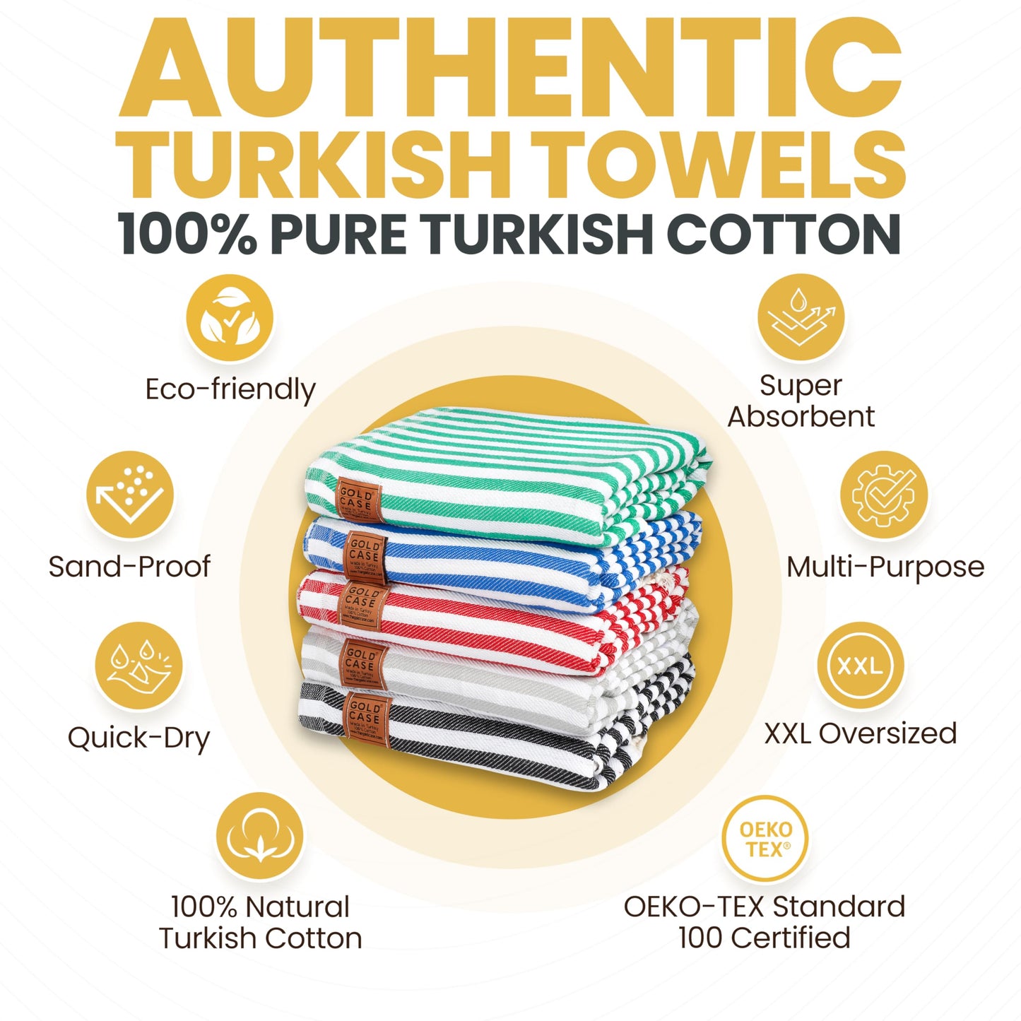 Gold CASE Turkish Beach Towel Set of 5 – 100% Cotton Large Turkish Bath Towels 71 x 40'' – MYRA Oversized, Quick Dry & Sand Free Towels – Lightweight Peshtemal – Multicolor 1
