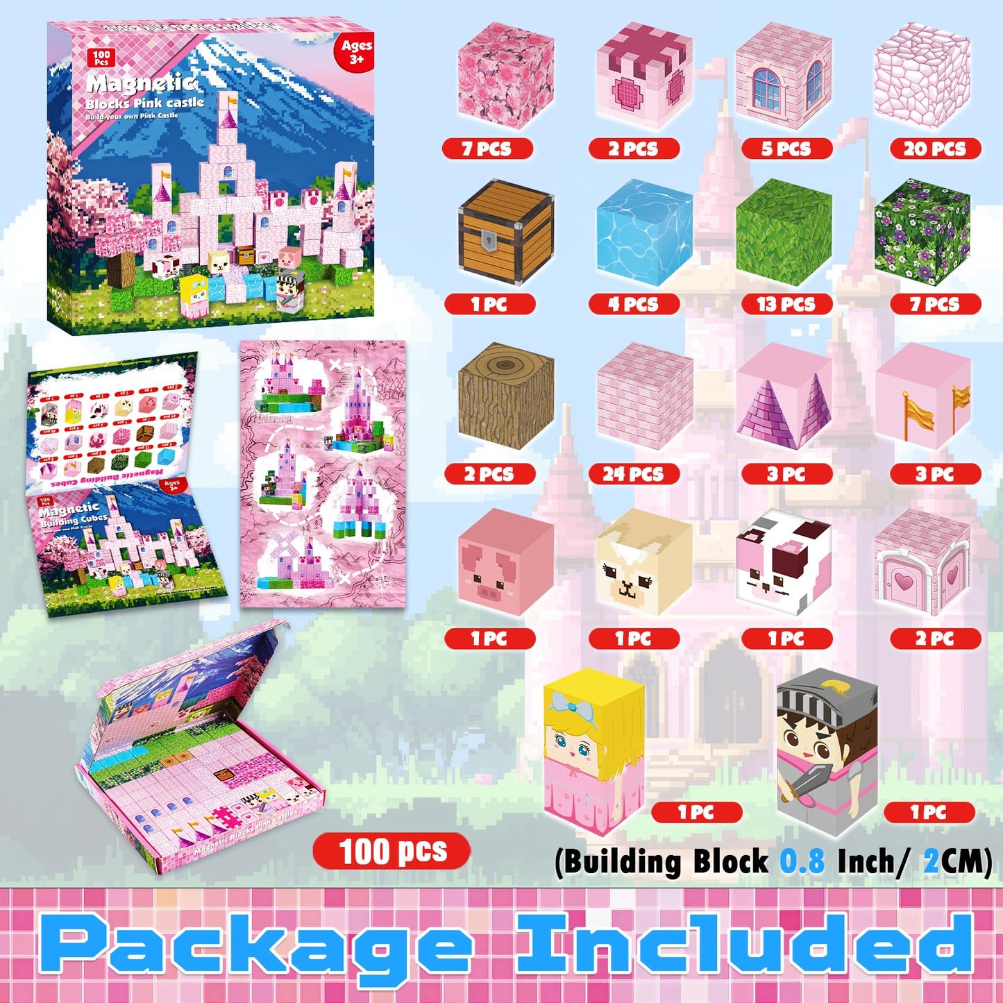 Annexfun Magnetic Blocks-100PCS Magnetic Building Blocks, Princess Castle Building Set, STEM Learning Toys for Kids Ages 3-8
