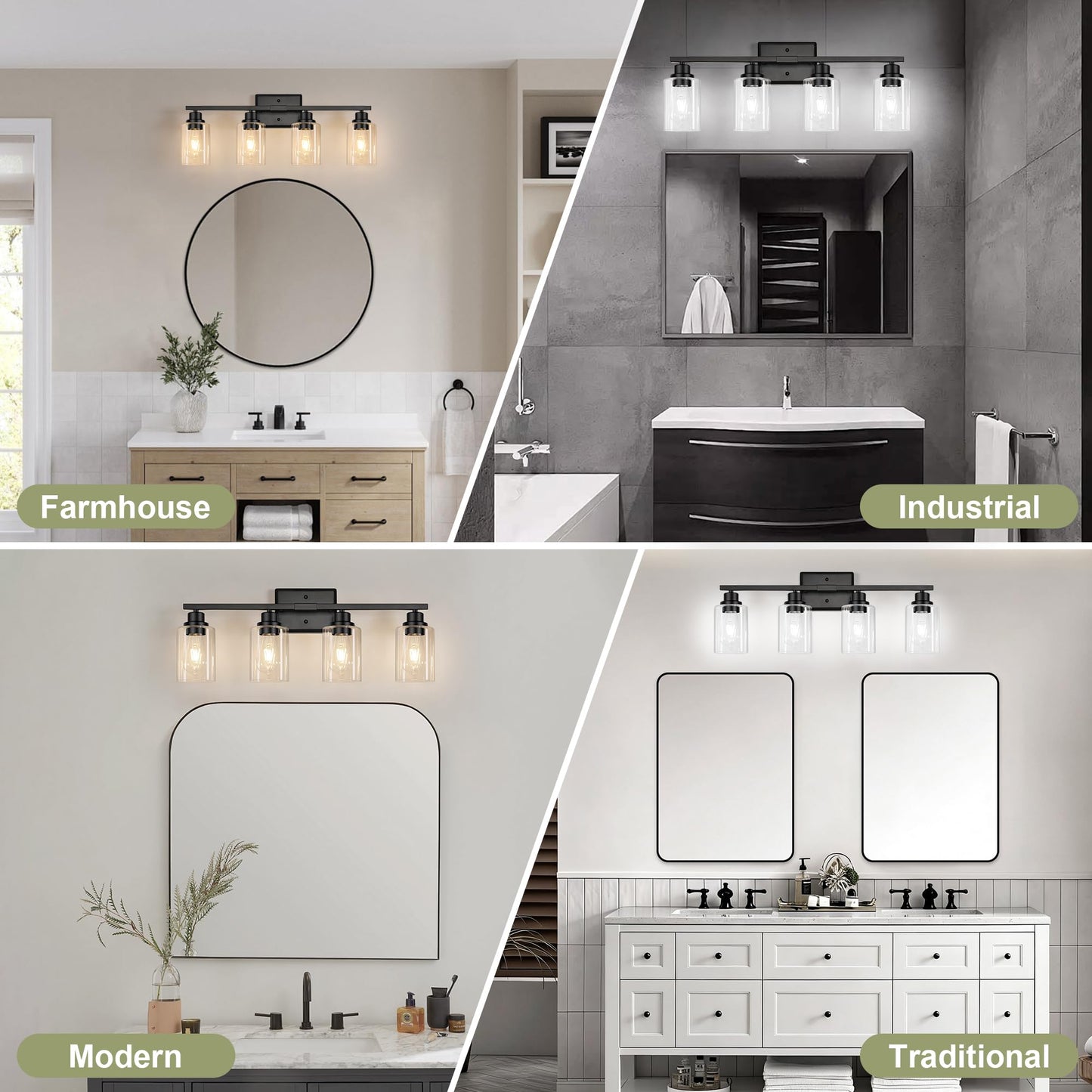 Unicozin Modern Bathroom Light Fixtures, 4 Light Vanity Lights Over Mirror, Black Wall Lamp with Clear Glass for Living Room Cabinet Bedroom Porch