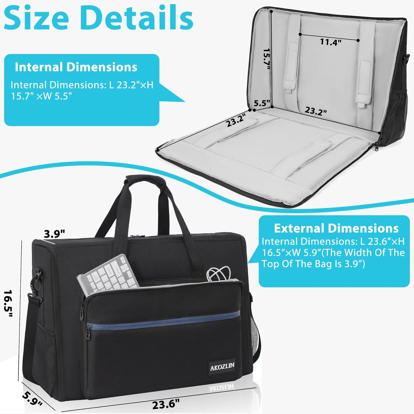 AKOZLIN LCD Screens/TVs(up to 2) Transport Tote Bag for 24" Displays Padded Monitor Carrying Case (NOT FOR IMAC) Travel Bag With Shoulder Strap,Large Accessories Pocket