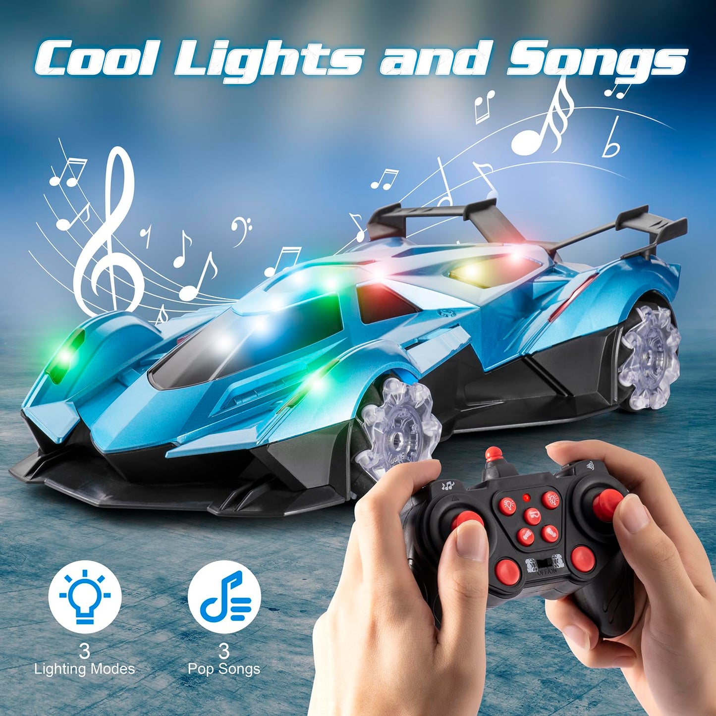 SASBSC Lamb Remote Control Car for Boys 4-7 8-12 Drift Rc Cars with 360° Rotation, Spray, Music & Lights 1:12 Rechargeable Rc Car Toys 10-12km/h Sport Race Toy Cars Gifts for Kids (Blue)