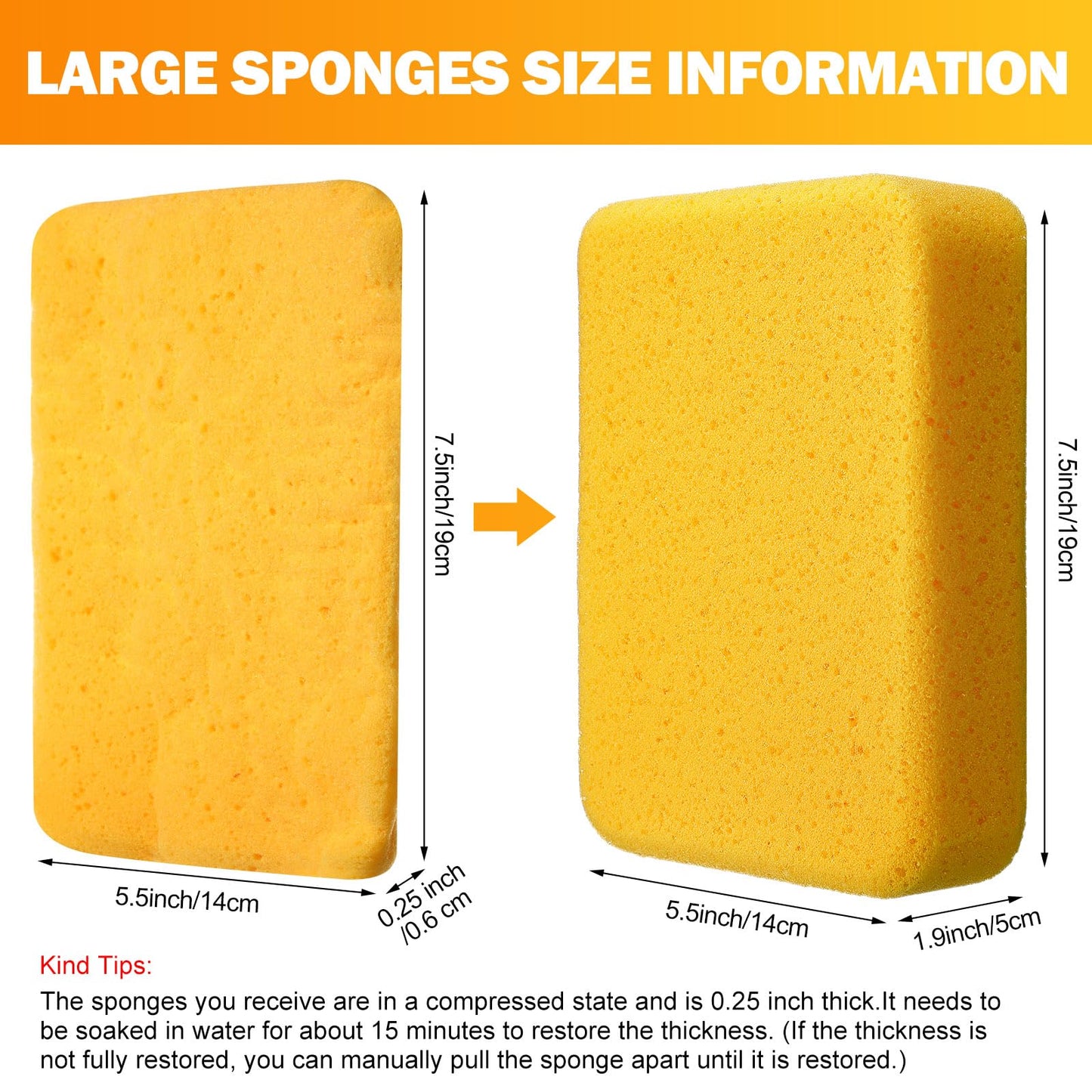 Tioncy 48 Pcs Large Sponges Bulk 7.5 x 5.5 x 1.9 Inch Grouting Car Wash Foam Cleaning and Washing Sponge Commercial Foam Large All Purpose for Cleaning Dishes Car Tile Bike (Yellow)