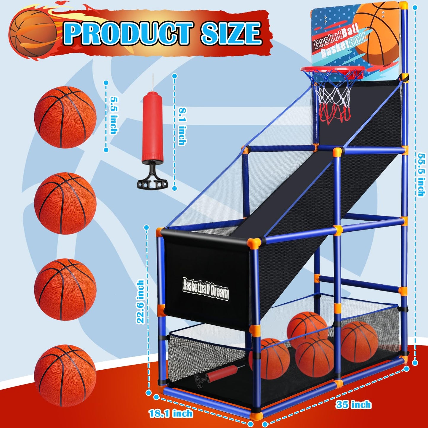 Arcade Basketball Game Set for Kids, Boy Toys Basketball Hoop with 4 Balls for 3 to 12 Years Old, Adjustable Height w/Pump & Storage Net for Kids Indoor Outdoor Sports Play, Christmas Birthday Gifts