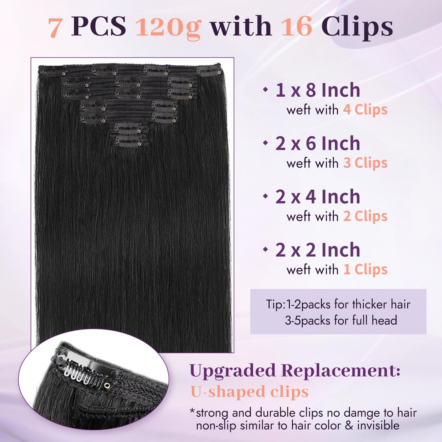 Starmo Clip in Extensions Real Human Hair Black Remy Lace Weft 20 Inch 7PCS 120g for Women
