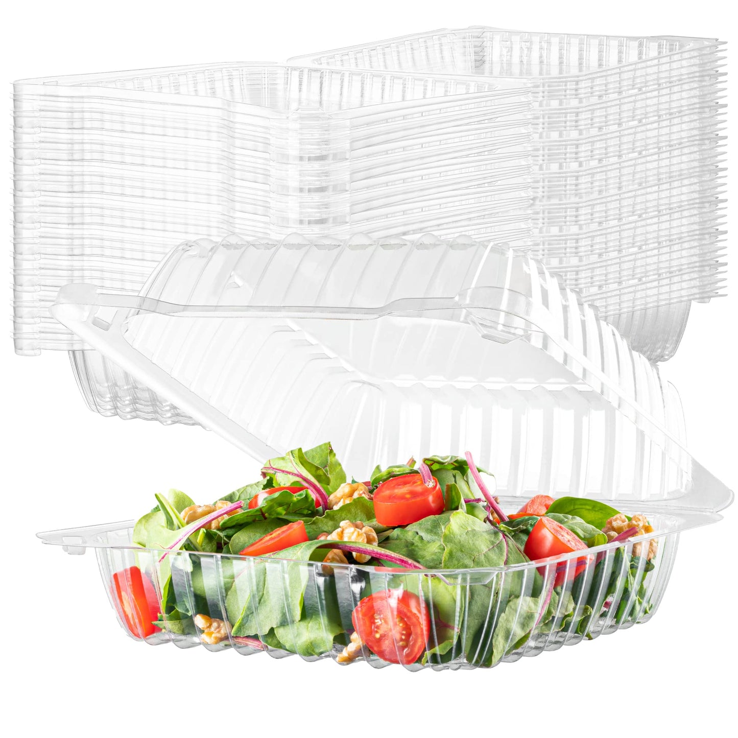 50 Clear Plastic Containers, 8" X 8" X 3" Hinged Lid Togo Clamshell Food Containers for Food, Strawberry Boxes, Bakery Supplies, Cake, Cookie, Dessert, Salad, Treat Boxes