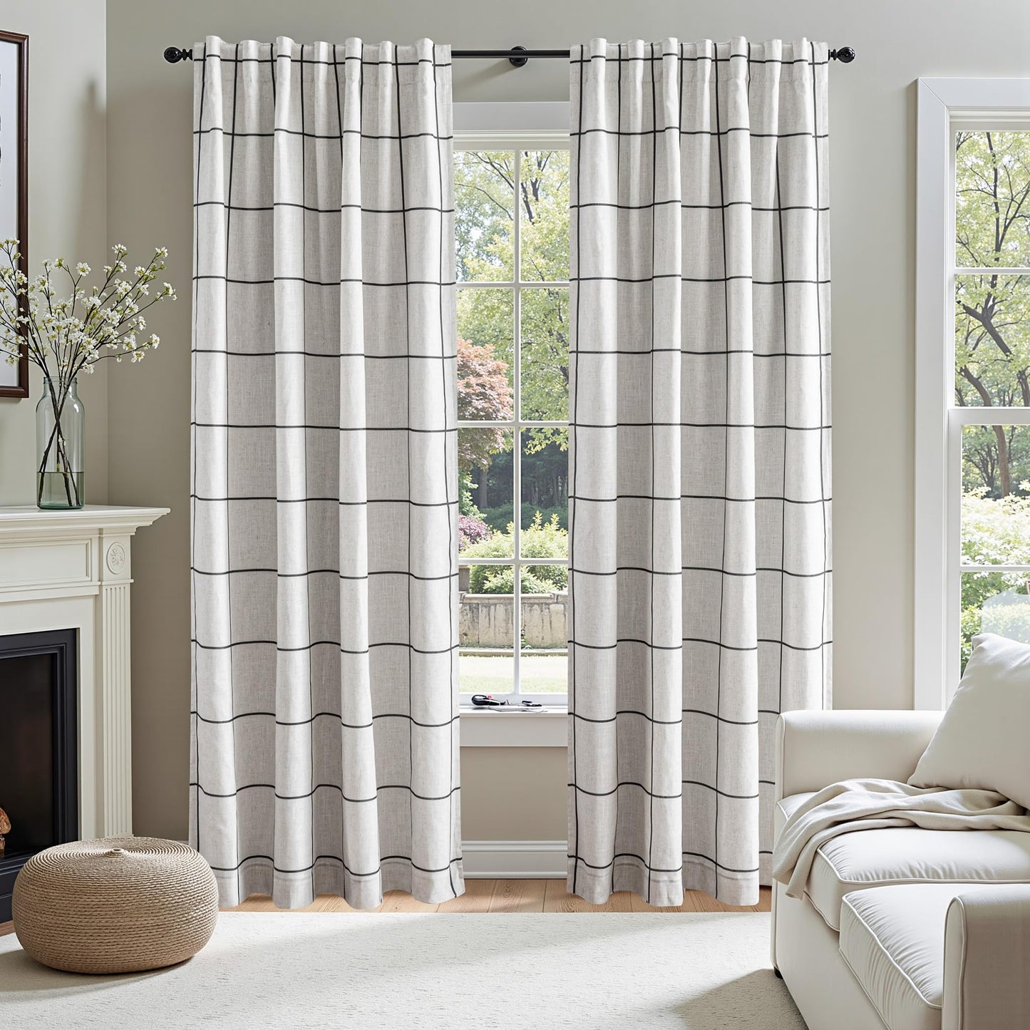 MYSKY HOME 100% Blackout Plaid Farmhouse Linen Curtains 84 Inch Long 2 Panels Set for Living Room Double Layer Windowpane Drapes Thermal Insulated Privacy Protection Rod Pocket Back Tab, 52" W, Black