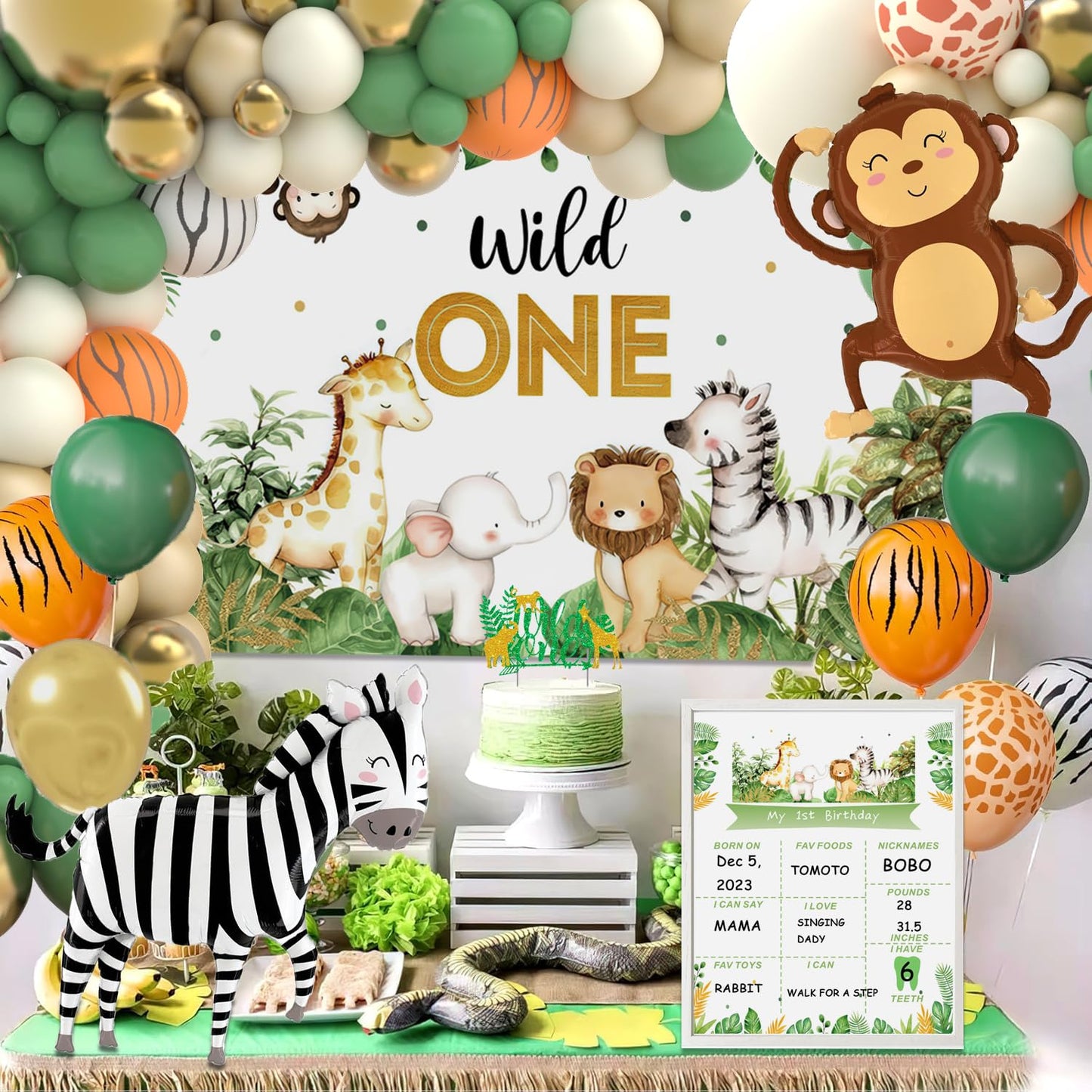 Wild One Birthday Decorations,Jungle Safari Animal Theme First Birthday Decorations Baby Shower Party Supplies for Boy Girl Photo Banner, Balloon Box, Balloons Garland, High Chair Banner, Backdrop