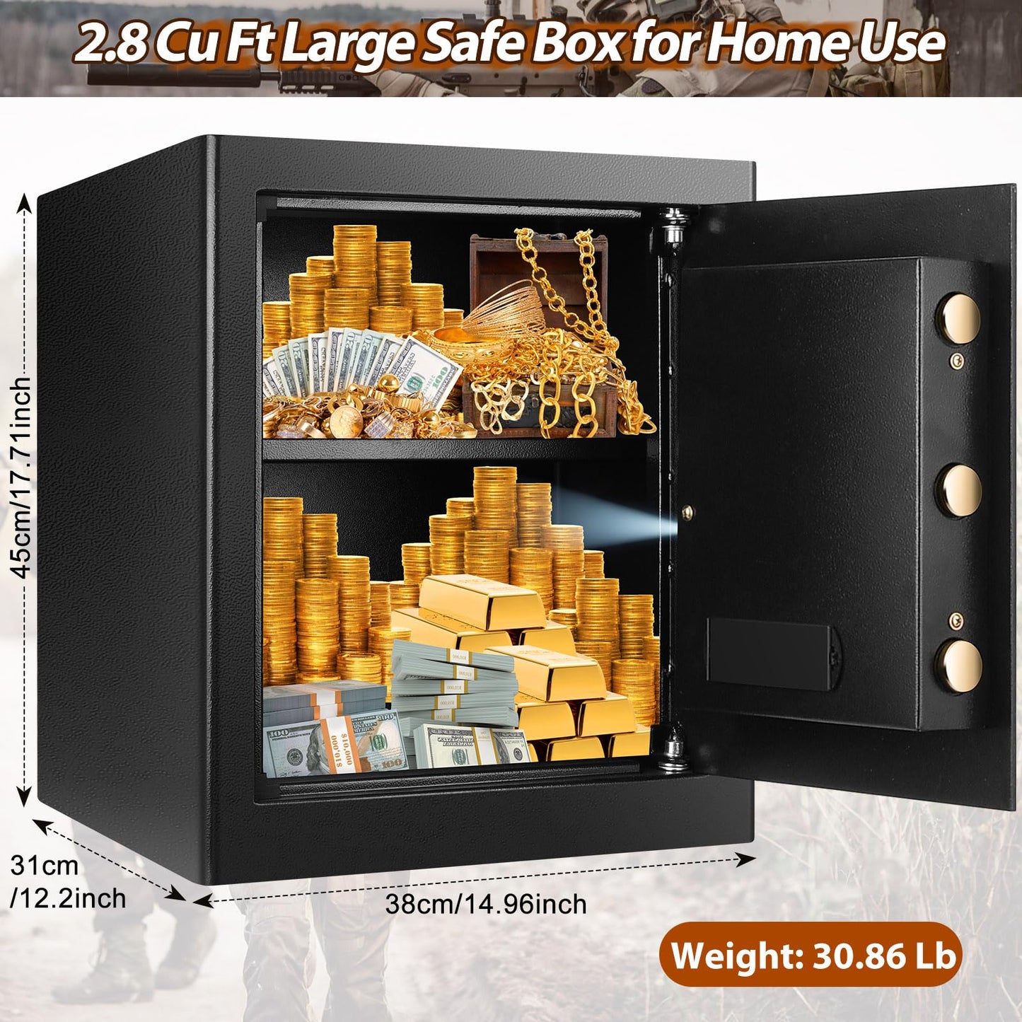 2.8 Cu Ft Large Fireproof Safe Boxes for Home Use, Large Home Safe with A4 Fireproof Document Bag & Mute Function, Combination Lock Box for Money Firearm Medicine Document