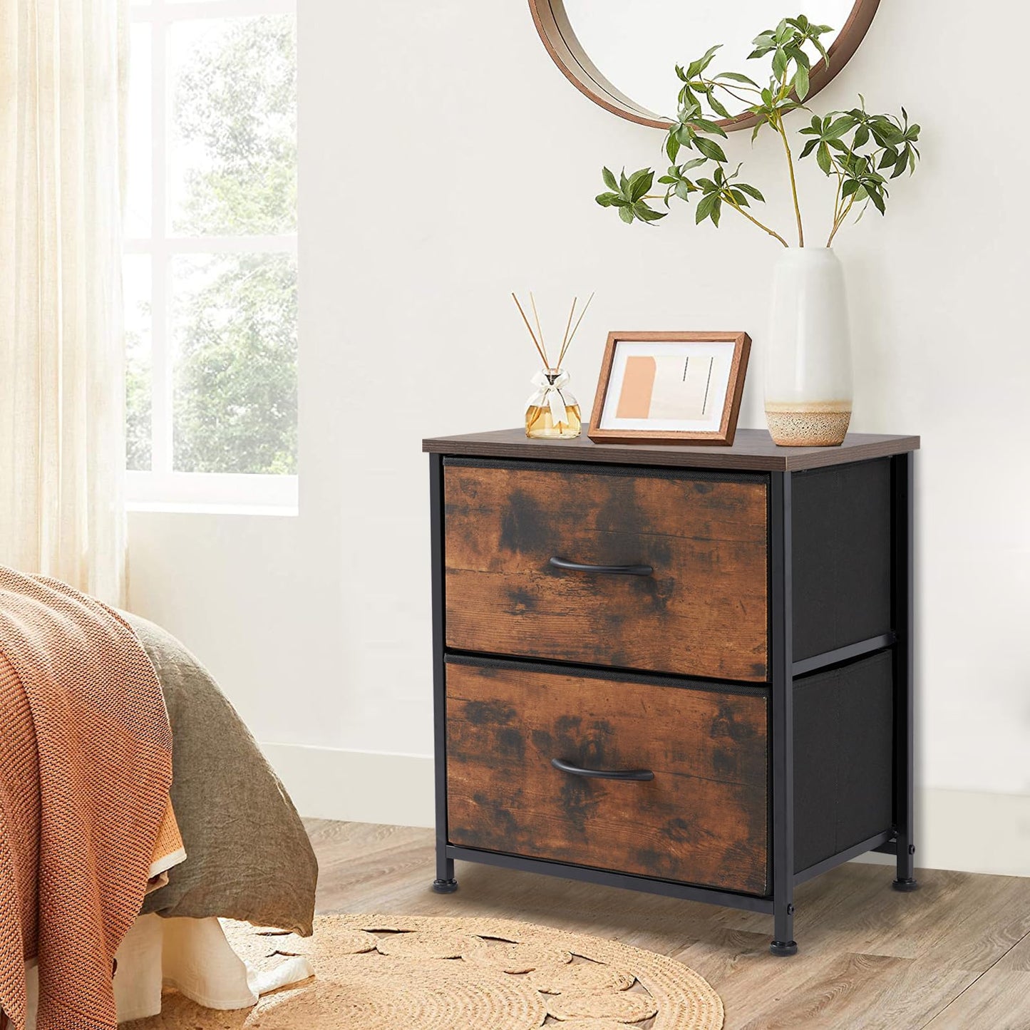 DUMOS Nightstand Small Dresser with 2 Fabric Drawers Side Tables Bedroom End Table Kids Bedside Storage Furniture for 20 inch Tall Night Stand for Closet, Entryway, College Dorm, Rustic Brown 2 Pack