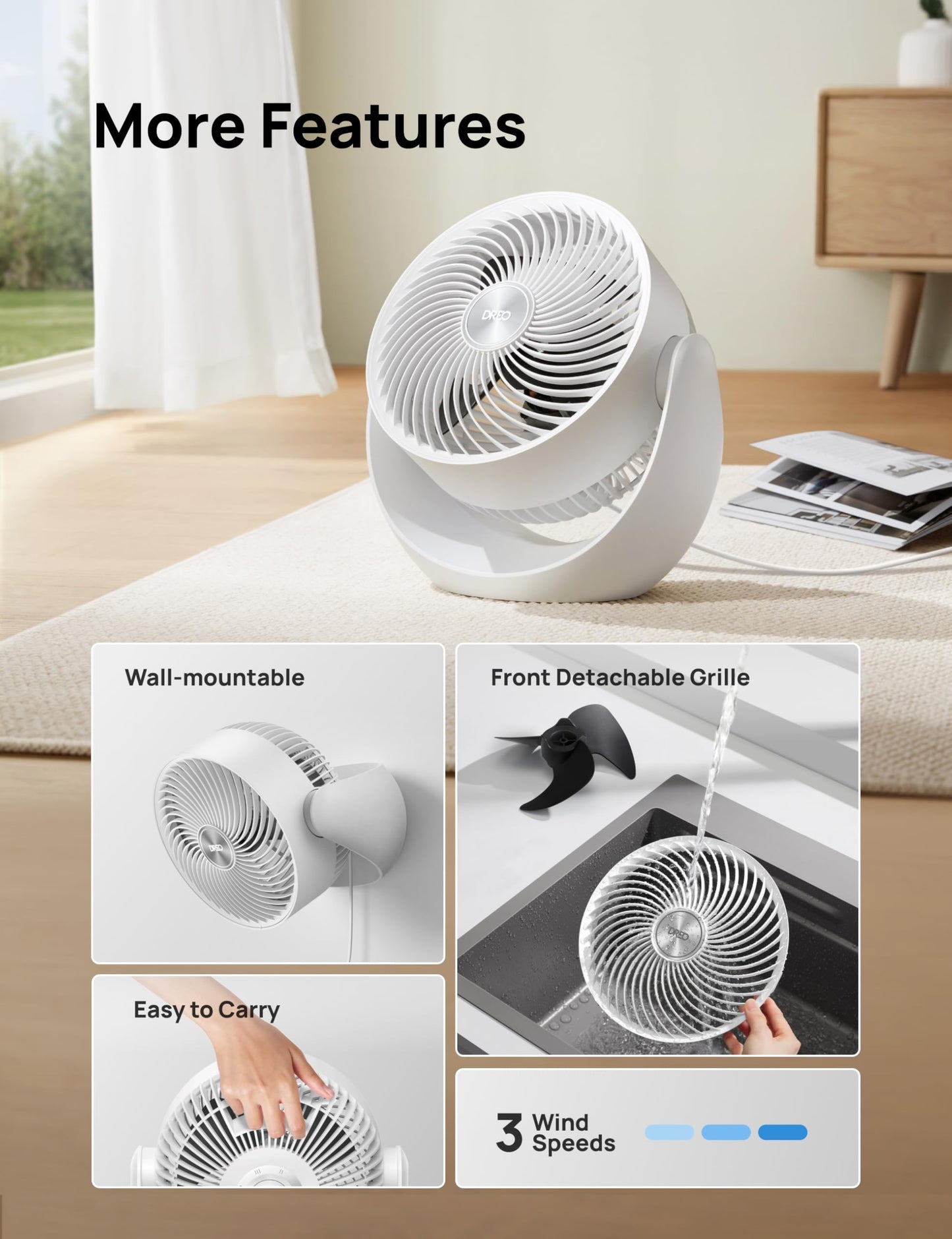 DREO Fan for Bedroom, Table Air Circulator for Whole Room, 11 Inch, 60ft Strong Airflow, 120ยฐ adjustable tilt, 20db Low Noise, Quiet, 3 Speeds, Desk Fan for Home,Office, Kitchen