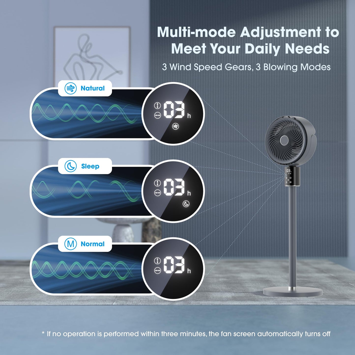 100ft CirculAir Oscillating Standing Fan for Bedroom, Quiet Pedestal Floor Fan with 17"-37.8" Adjustable Height, AC Motor, Ultra Quiet 36-50dB, Touch & Remote Control, 3 Speeds, 12H Timer