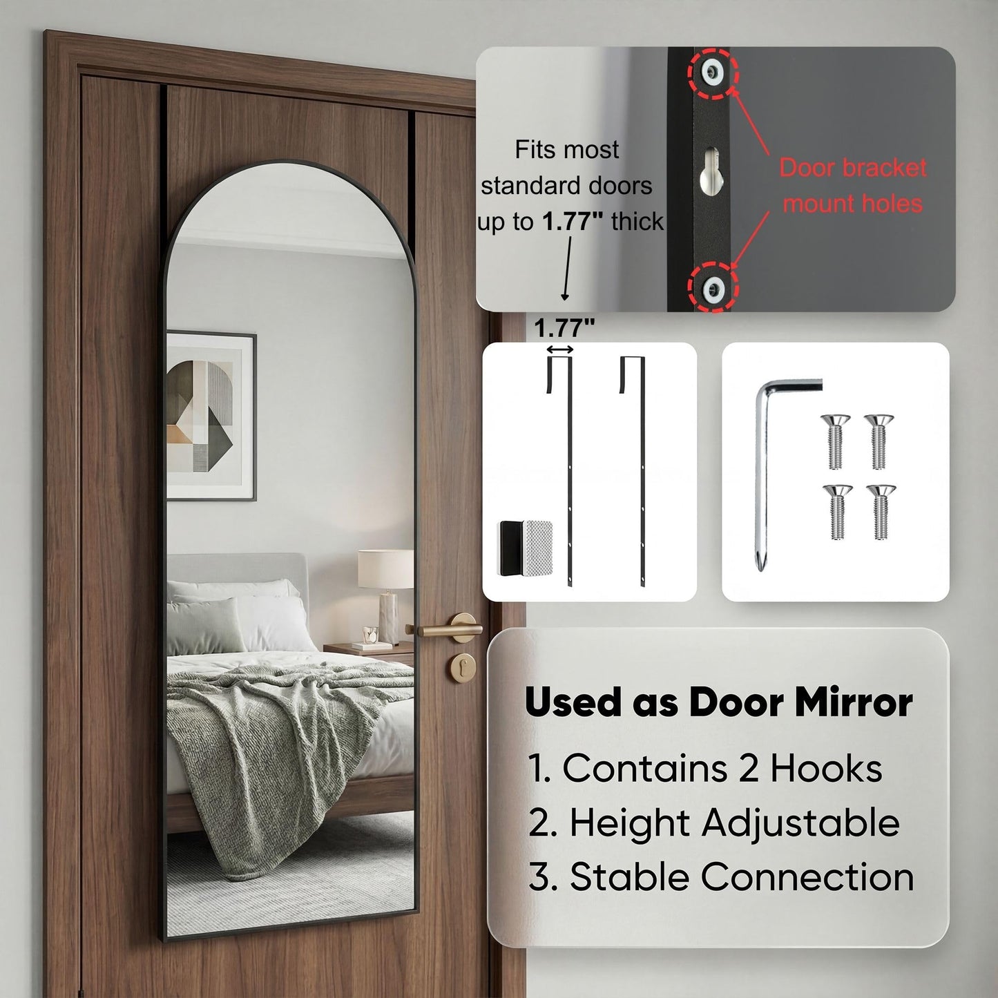 Furnbar 58"x20" Arched Full Length Door Mirror, Over-the-Door Hanging, Floor Standing, Wall Mounted or Leaning, Metal Frame Body Mirror for Bedroom, Living Room, Closet, Dorm, Black